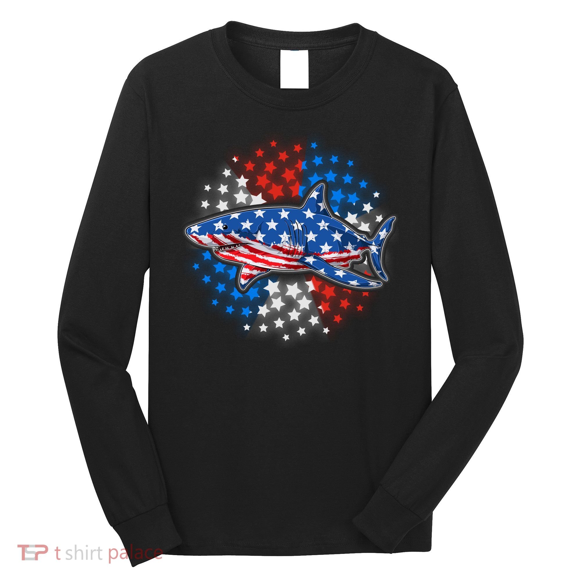 Stars And Stripes USA American Flag Shark Long Sleeve Shirt