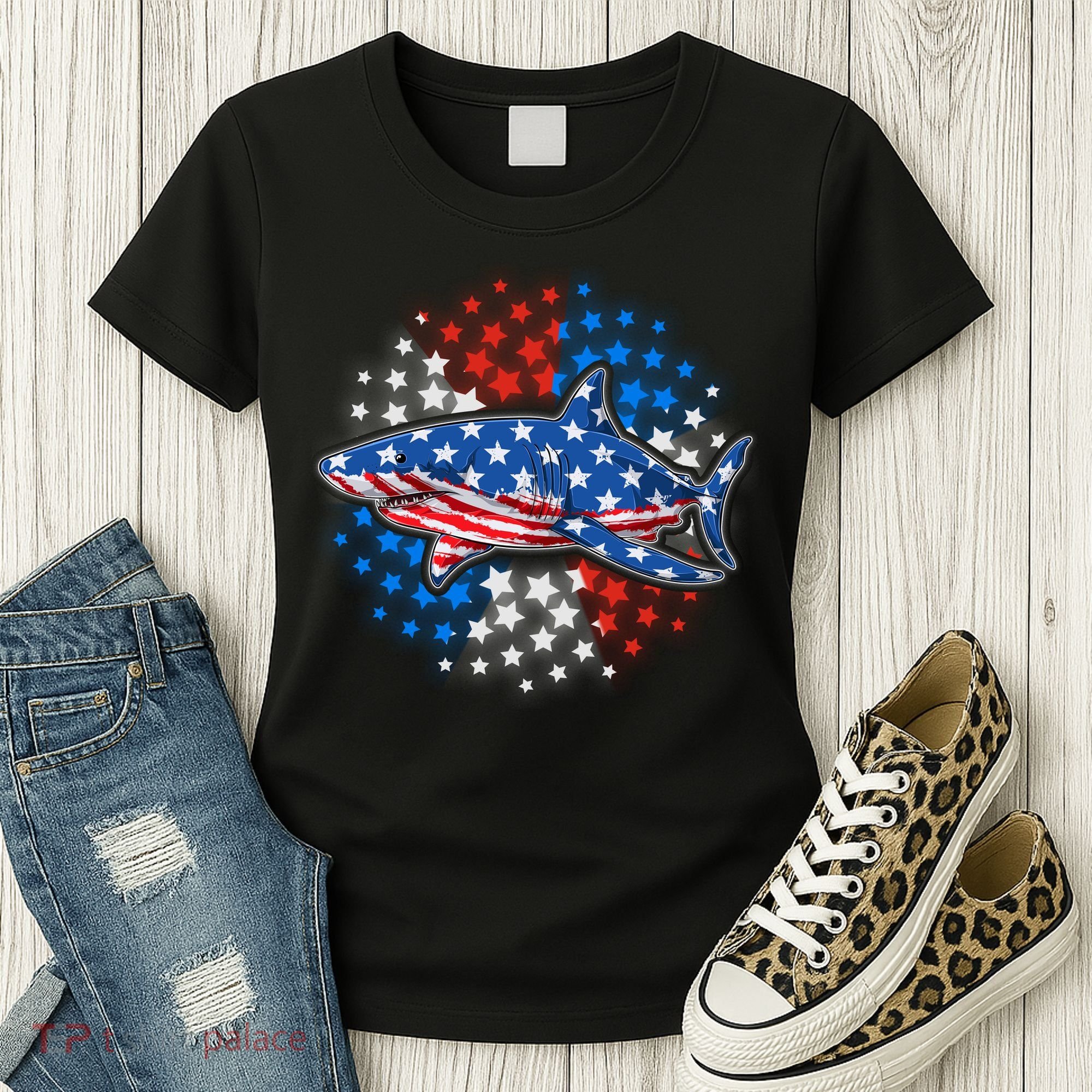 Stars And Stripes USA American Flag Shark Women's T-Shirt