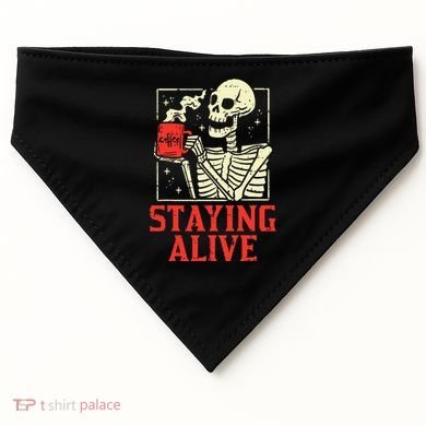 Staying Alive Skeleton Coffe Funny Retro Vintage Halloween USA-Made Doggie Bandana