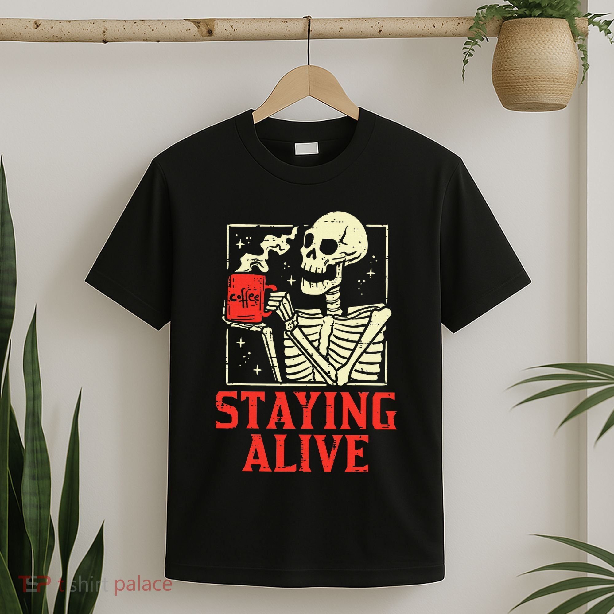 Staying Alive Skeleton Coffe Funny Retro Vintage Halloween T-Shirt