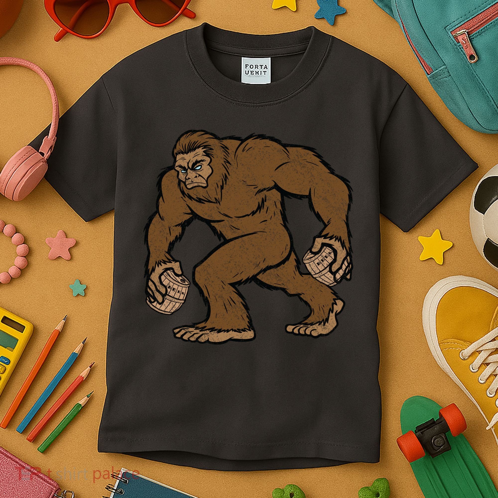 Sasquatch Bigfoot With Beer Kegs Kids T-Shirt