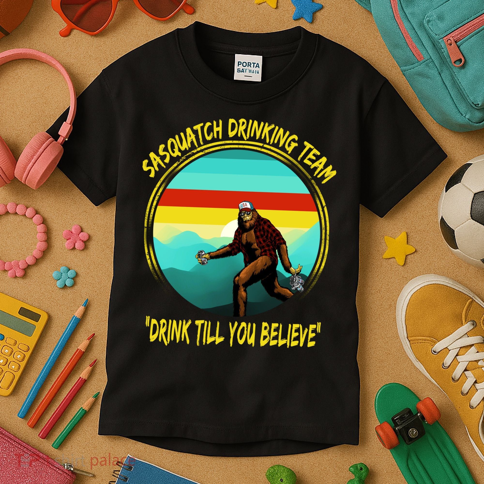 Sasquatch Drinking Team Drink Till You Believe Kids T-Shirt