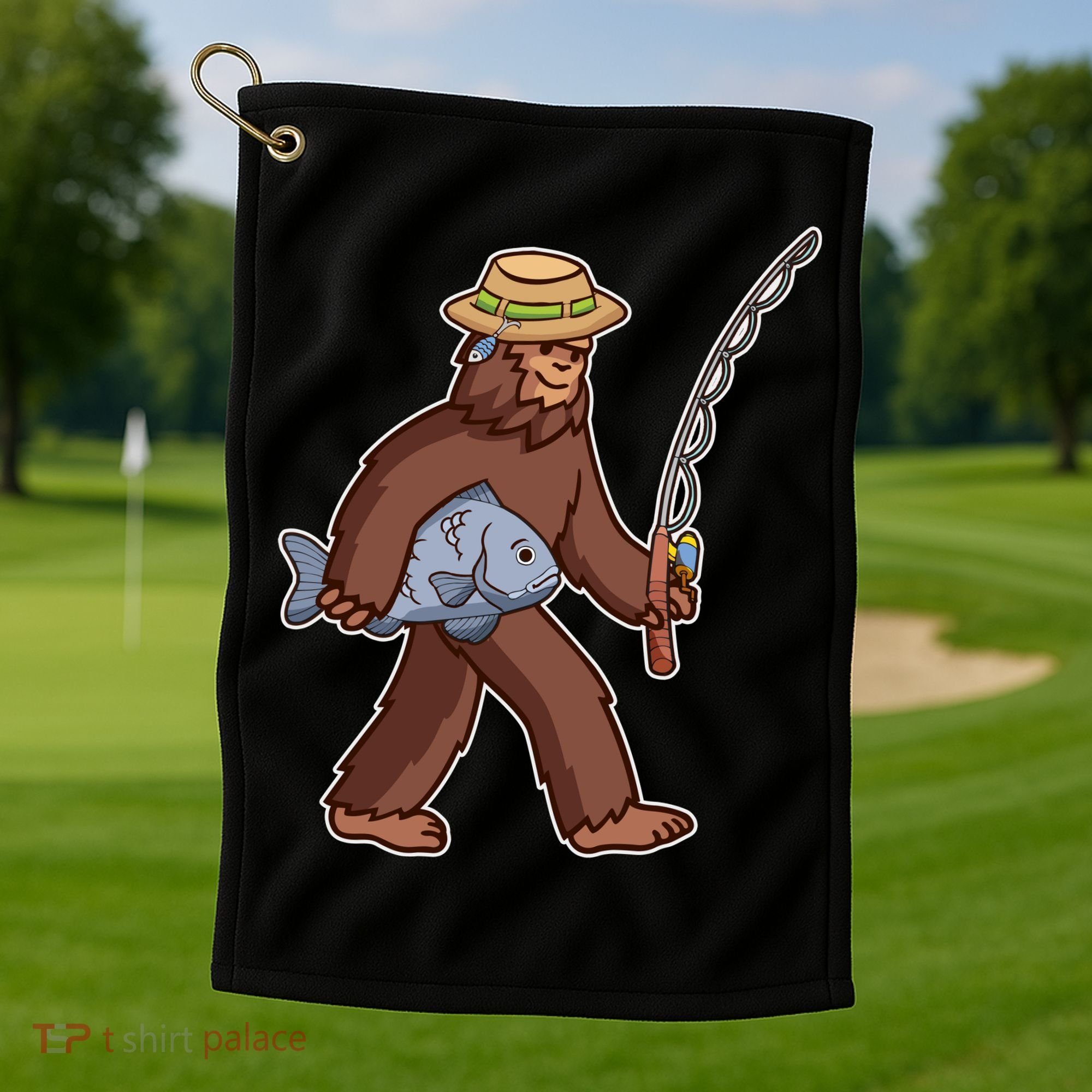 Sasquatch Gone Fishing Golf Towel