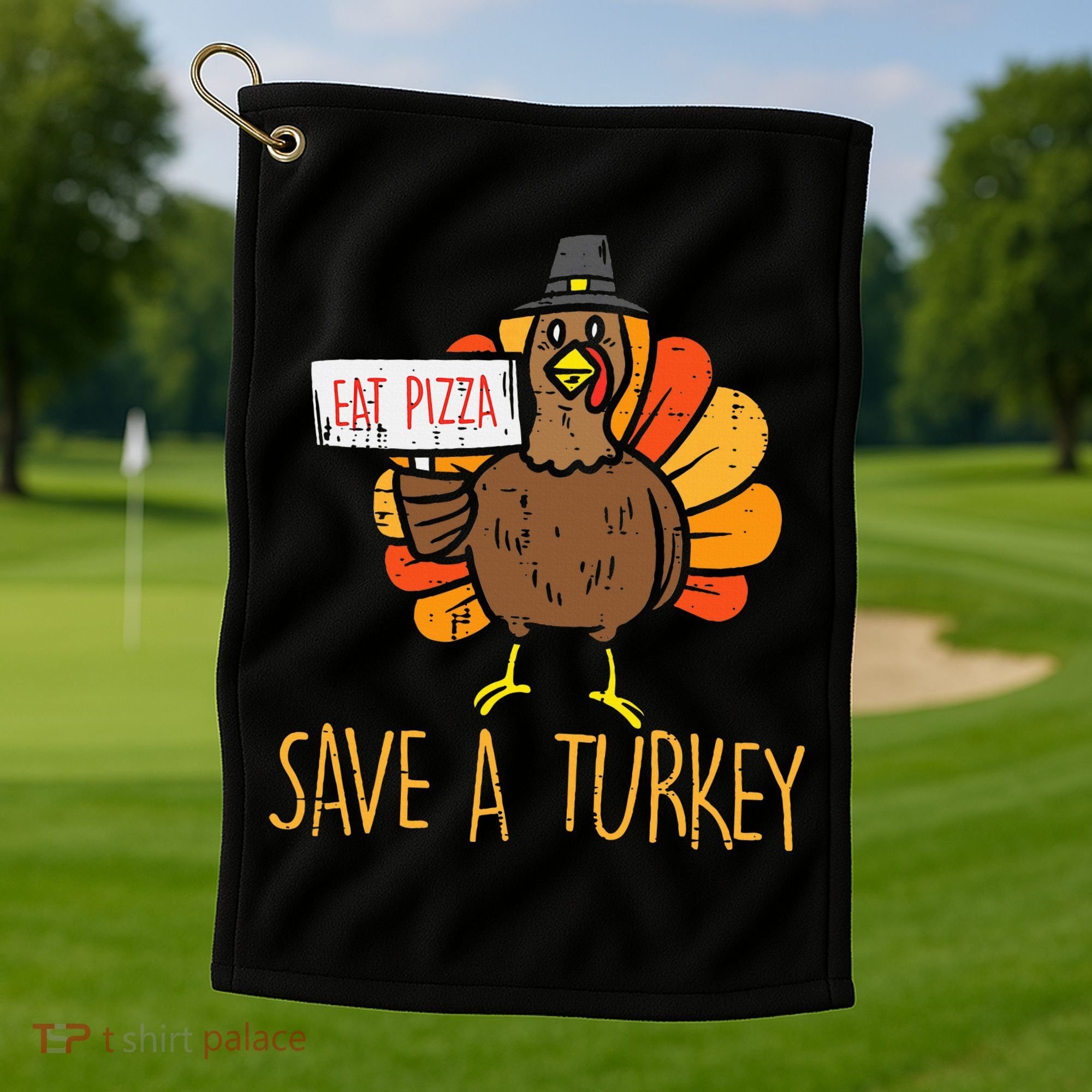 Save A Turkey Eat Pizza Funny Thanksgiving Golf Towel