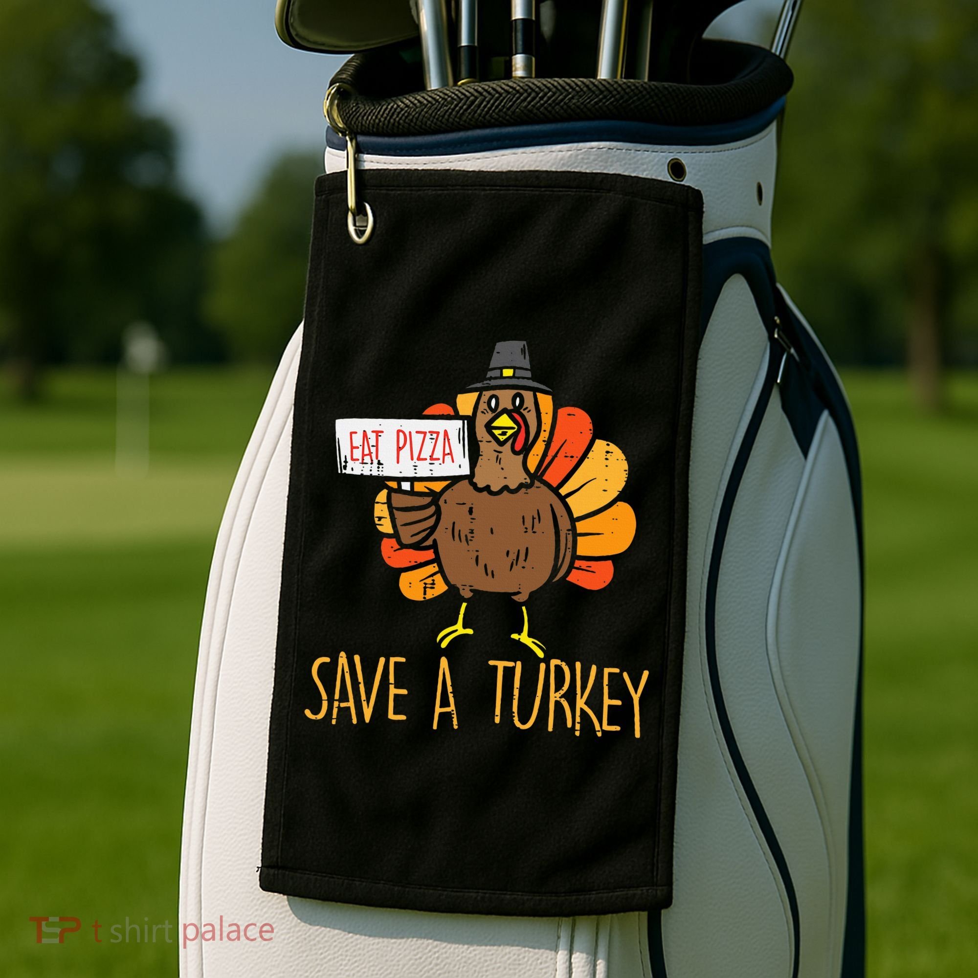 Save A Turkey Eat Pizza Funny Thanksgiving Golf Towel