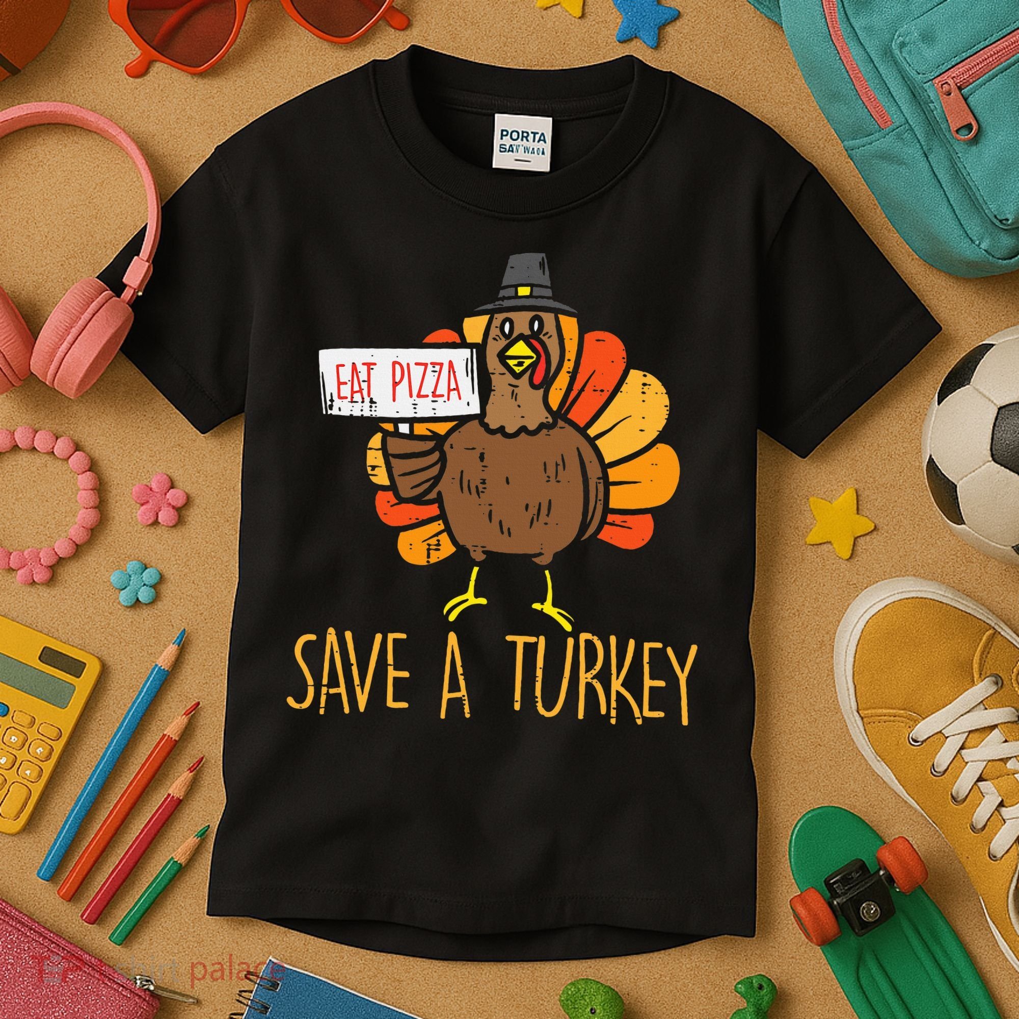 Save A Turkey Eat Pizza Funny Thanksgiving Kids T-Shirt
