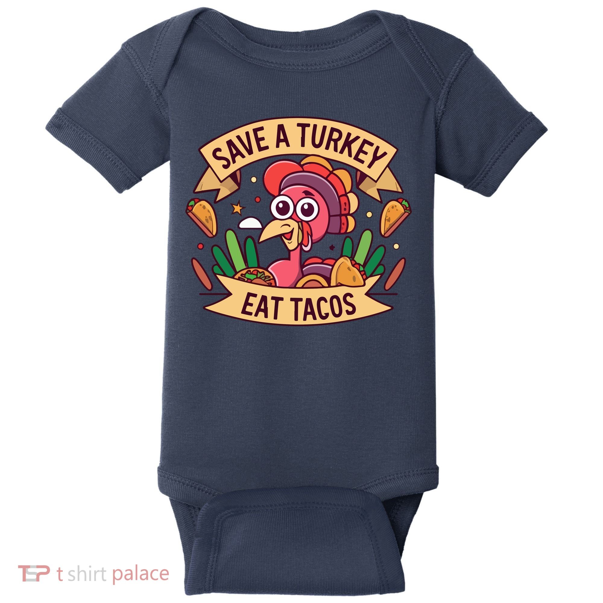 Save A Turkey Eat Tacos Funny Autumn Thanksgiving Groovy Baby Bodysuit