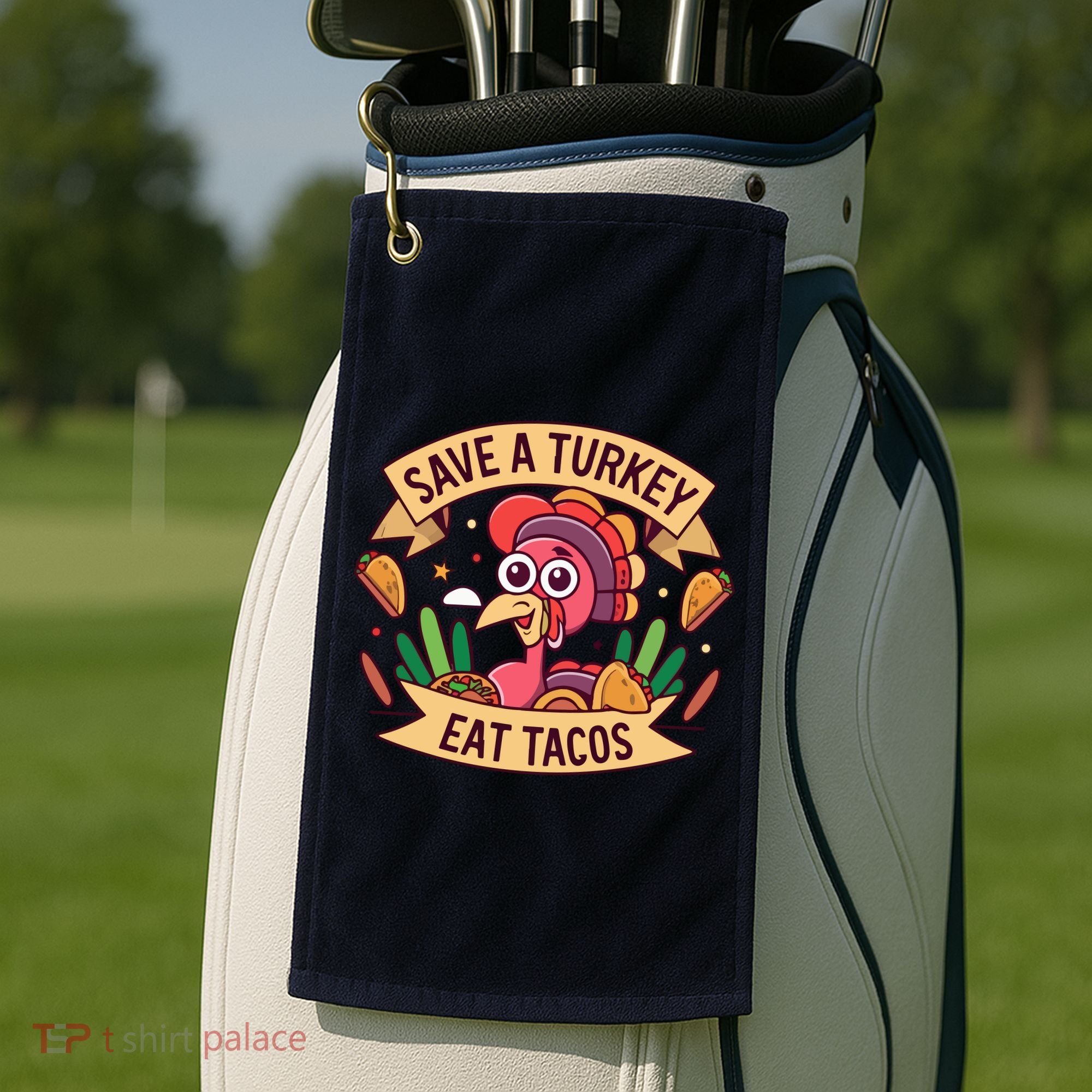 Save A Turkey Eat Tacos Funny Autumn Thanksgiving Groovy Golf Towel
