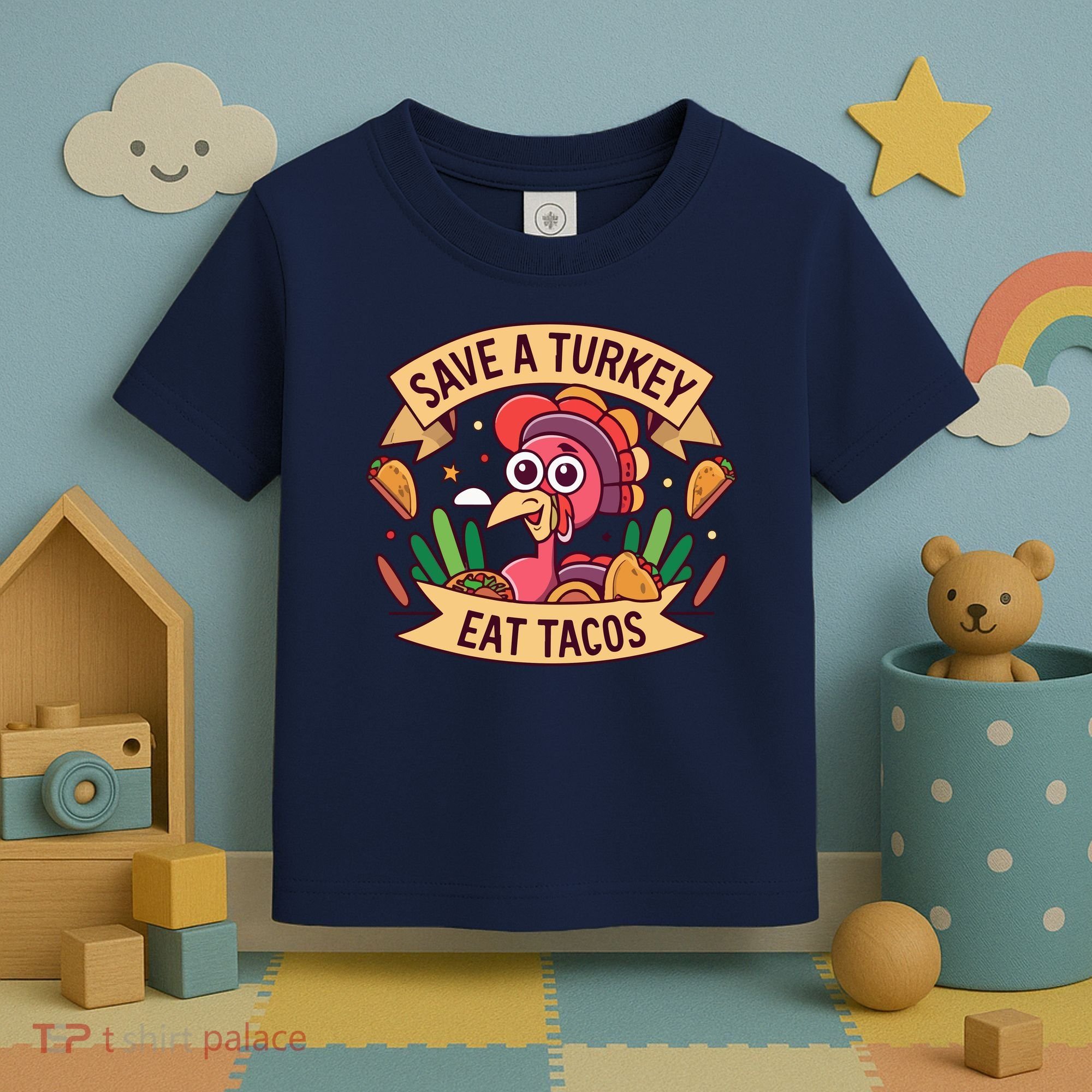 Save A Turkey Eat Tacos Funny Autumn Thanksgiving Groovy Toddler T-Shirt