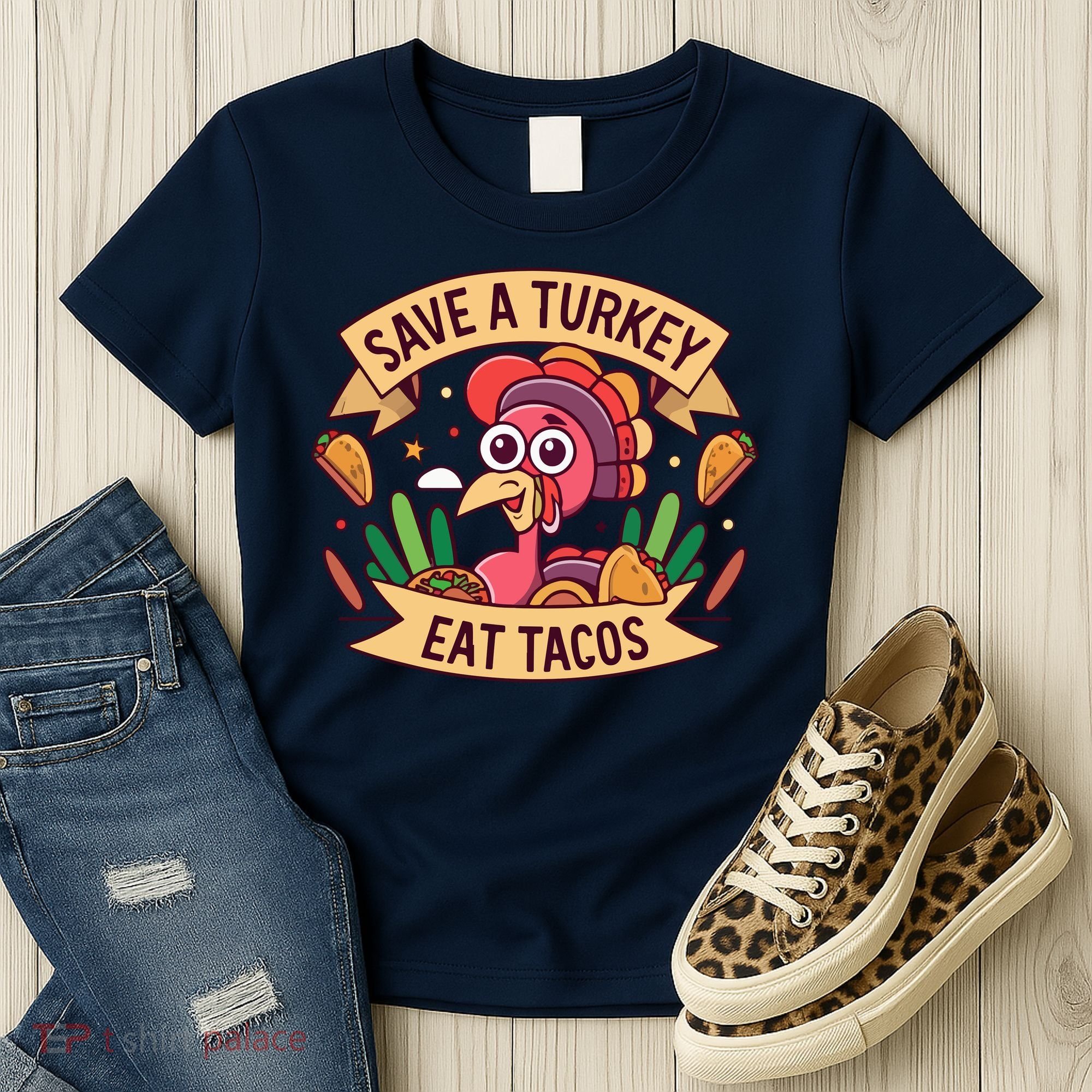 Save A Turkey Eat Tacos Funny Autumn Thanksgiving Groovy Women's T-Shirt