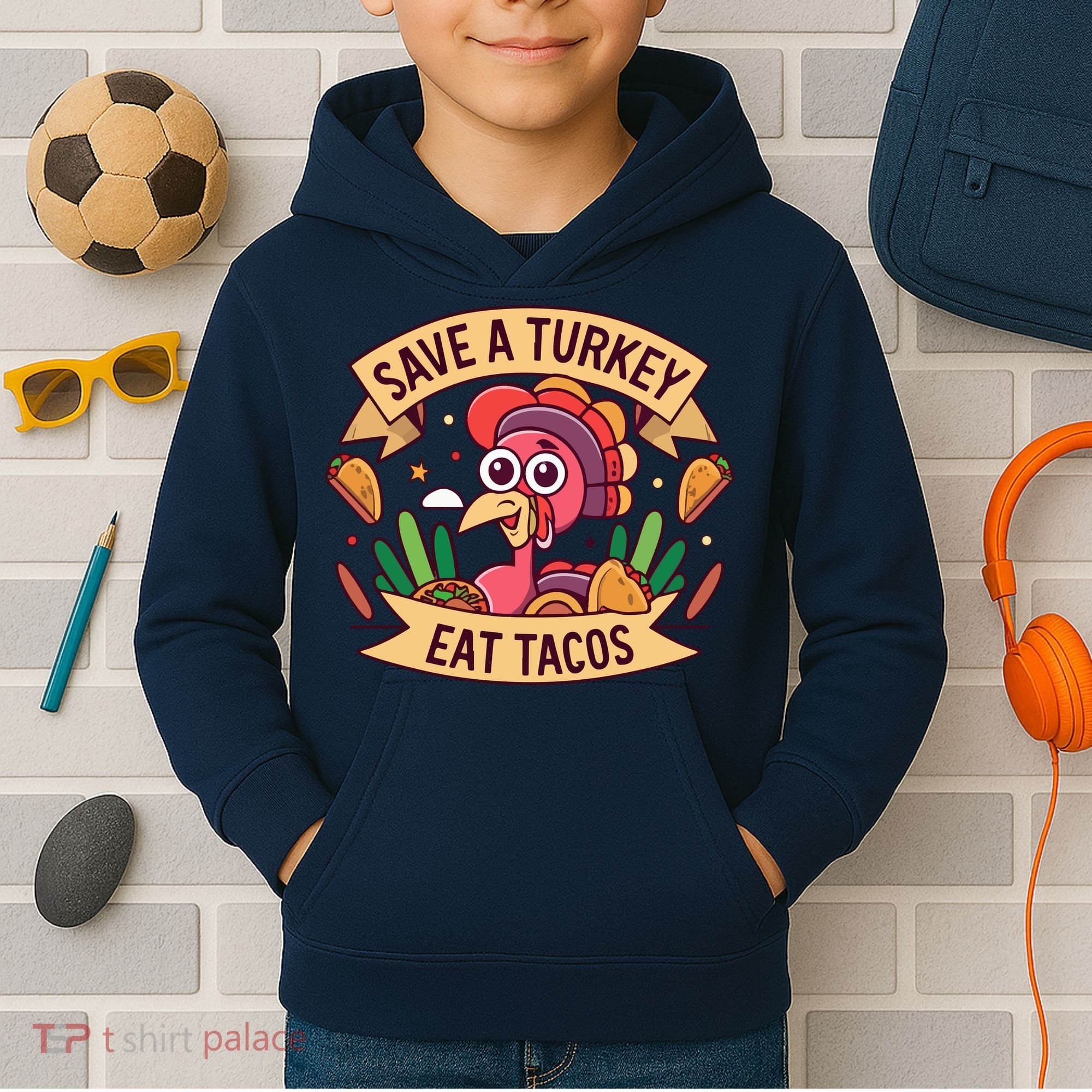 Save A Turkey Eat Tacos Funny Autumn Thanksgiving Groovy Kids Hoodie