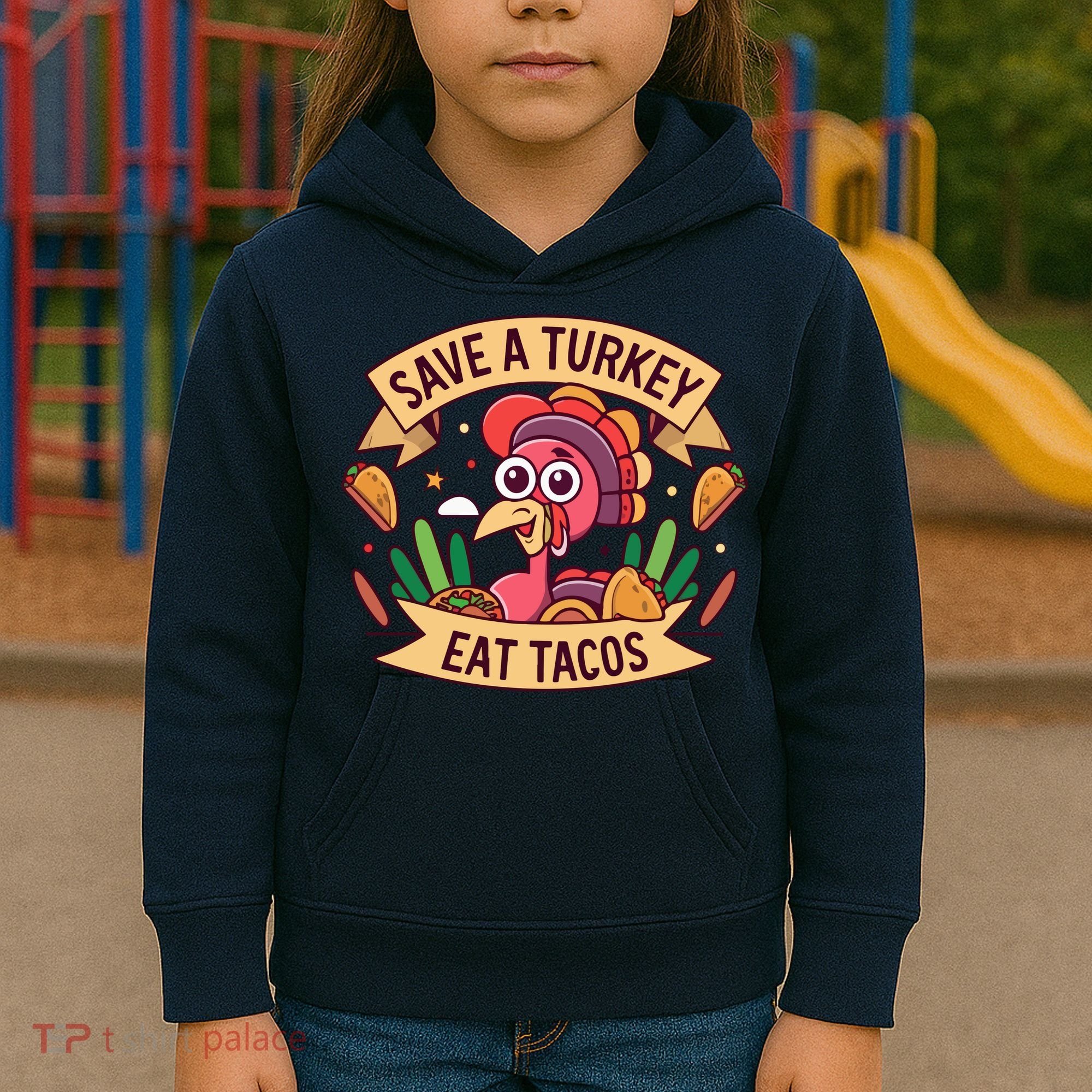 Save A Turkey Eat Tacos Funny Autumn Thanksgiving Groovy Kids Hoodie