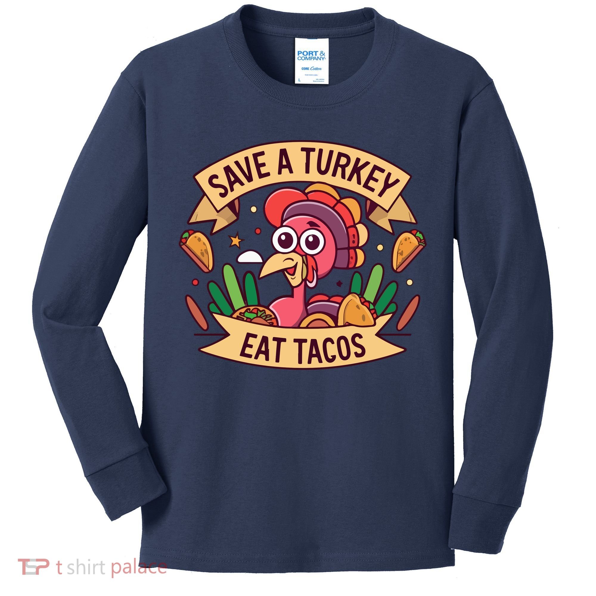 Save A Turkey Eat Tacos Funny Autumn Thanksgiving Groovy Kids Long Sleeve Shirt