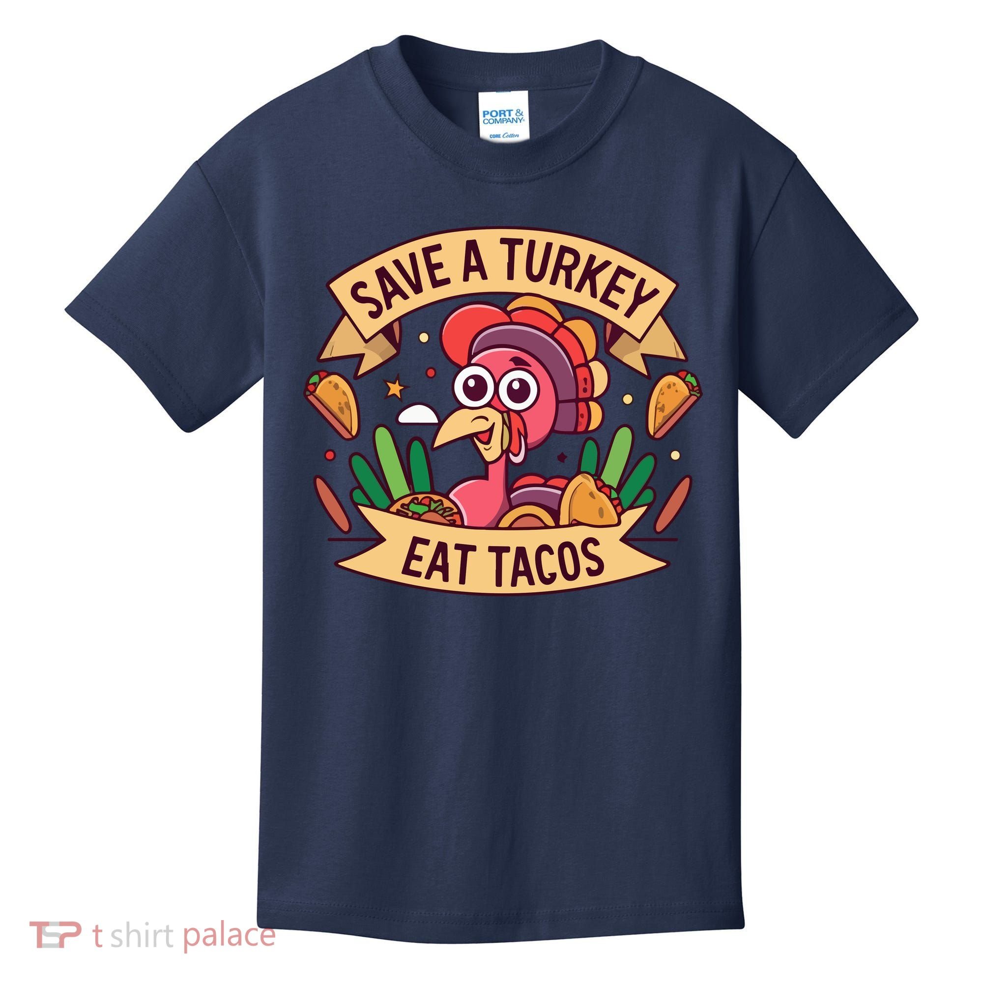 Save A Turkey Eat Tacos Funny Autumn Thanksgiving Groovy Kids T-Shirt