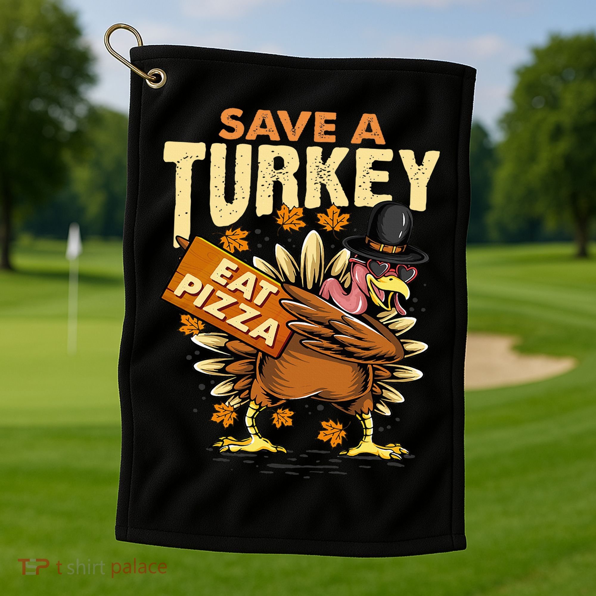 Save a Turkey Eat Pizza  Thanksgiving Vegan Family Reunion Golf Towel