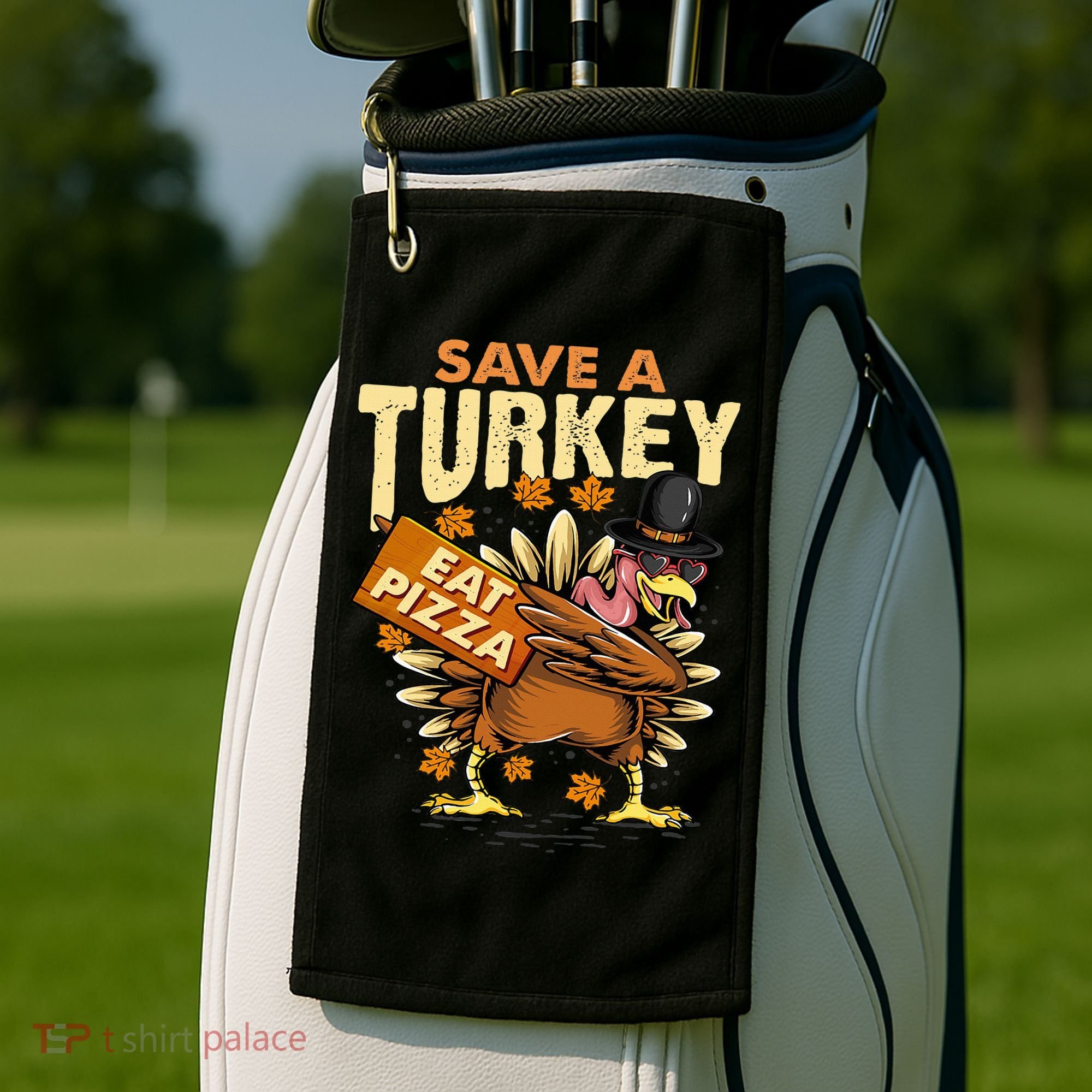 Save a Turkey Eat Pizza  Thanksgiving Vegan Family Reunion Golf Towel