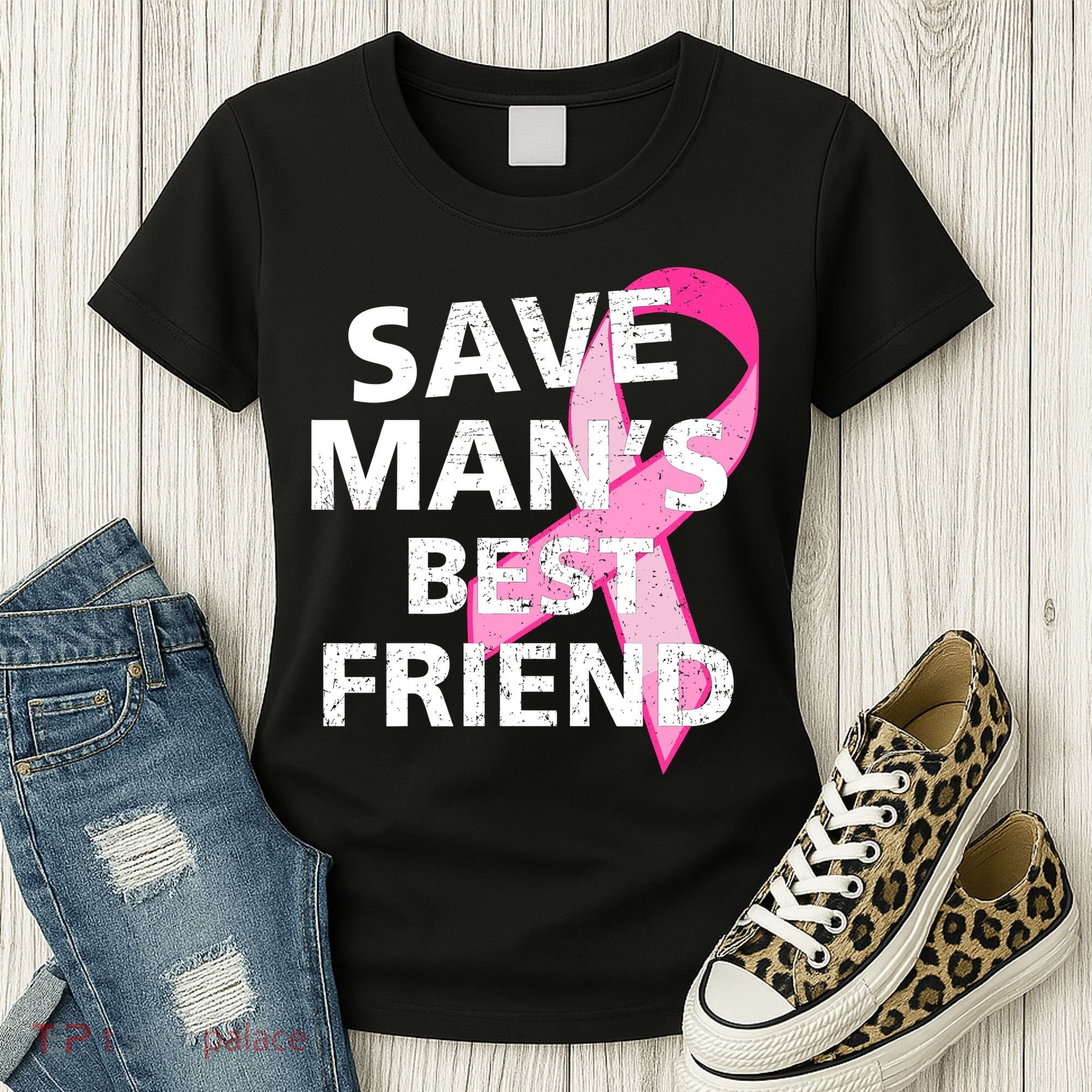 Save Man's Best Friend Breast Cancer Ribbon Women's T-Shirt