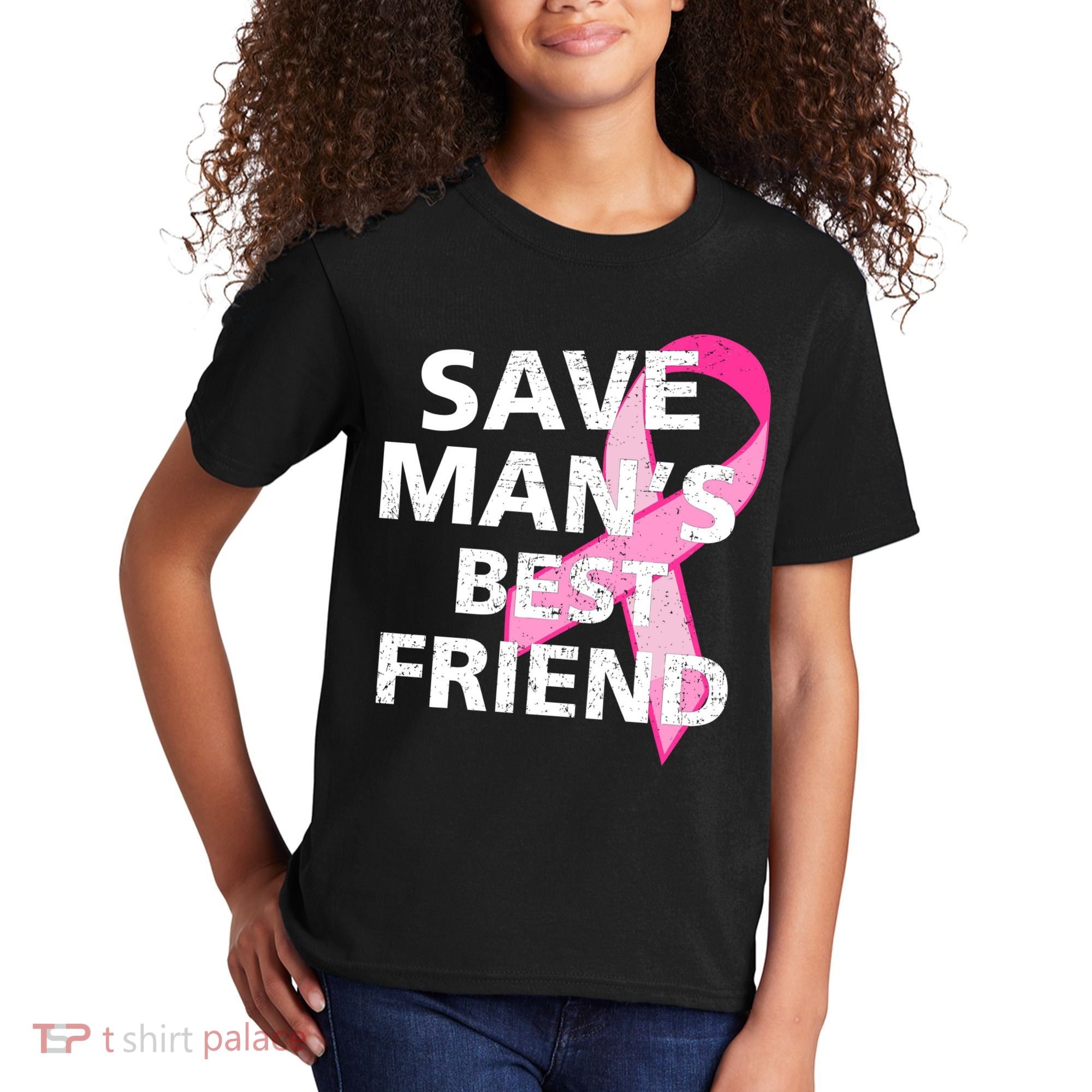 Save Man's Best Friend Breast Cancer Ribbon Kids T-Shirt