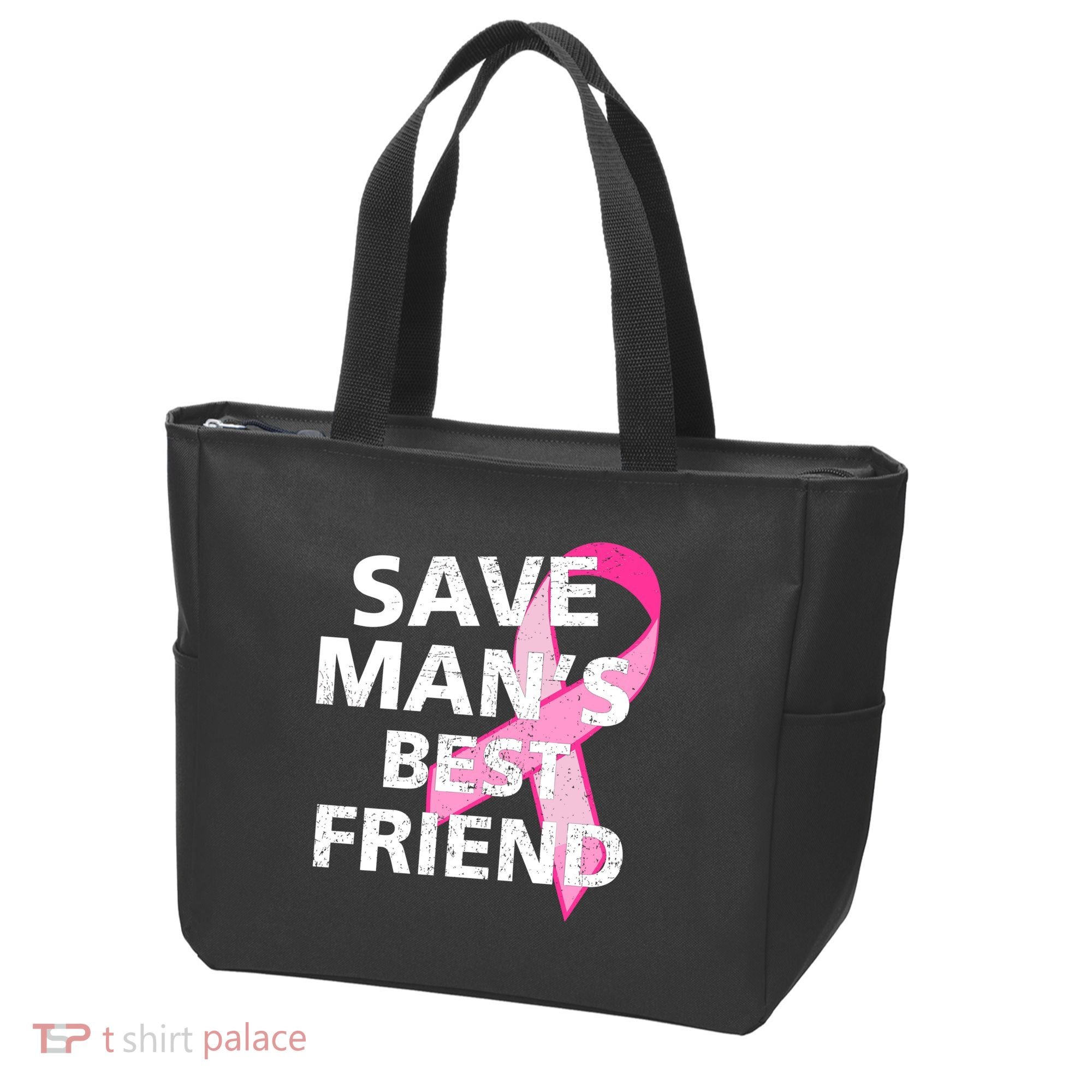 Save Man's Best Friend Breast Cancer Ribbon Tote Bag