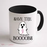 Save The Boooobs Breast Cancer Halloween Ghost Coffee Mug thumb 1