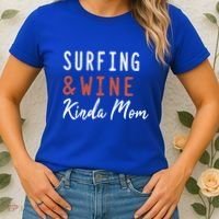 Surfing And Wine Kinda Mom Surfer Hawaiian Surfboard Great Gift Women's T-Shirt thumb 2