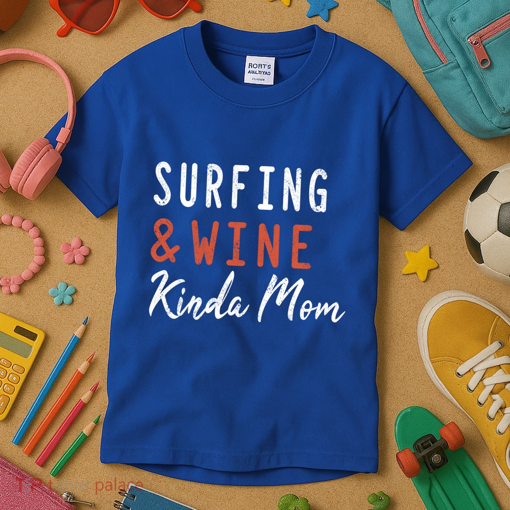 Surfing And Wine Kinda Mom Surfer Hawaiian Surfboard Great Gift Kids T-Shirt