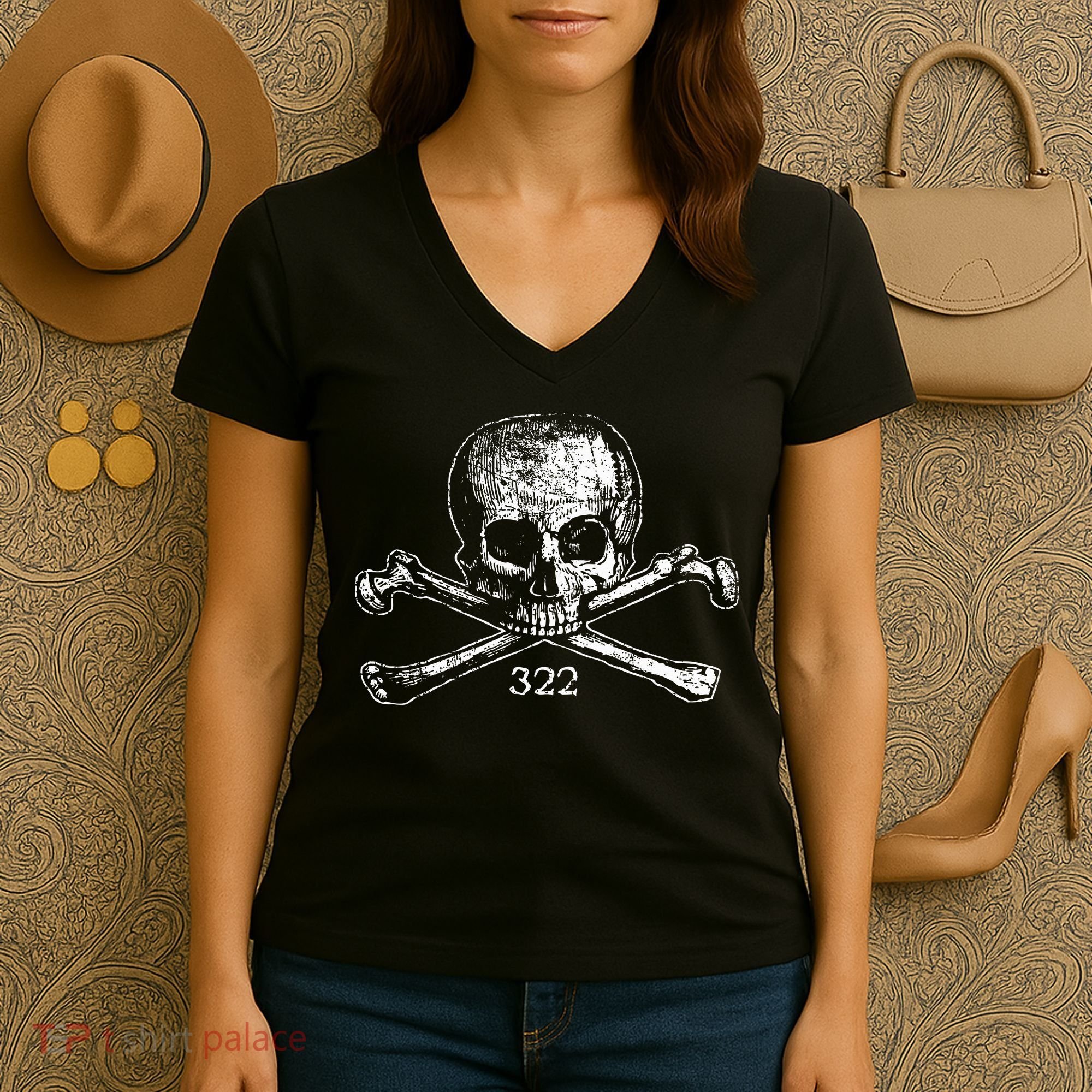 Skull & Bones 322 Distressed Skull And Crossbones Women's V-Neck T-Shirt