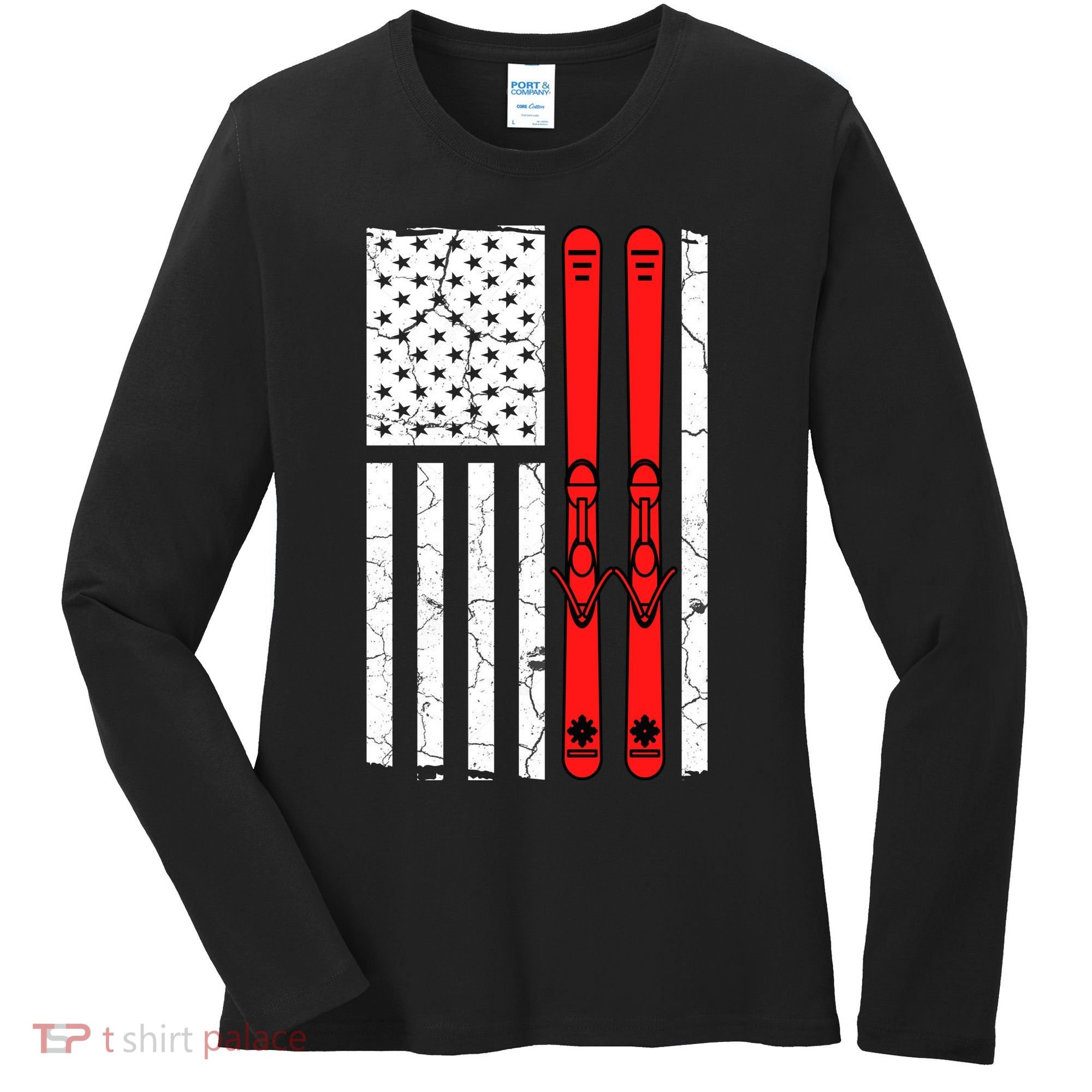 Ski Boarding American Flag Sport Hobby Women's Long Sleeve Shirt