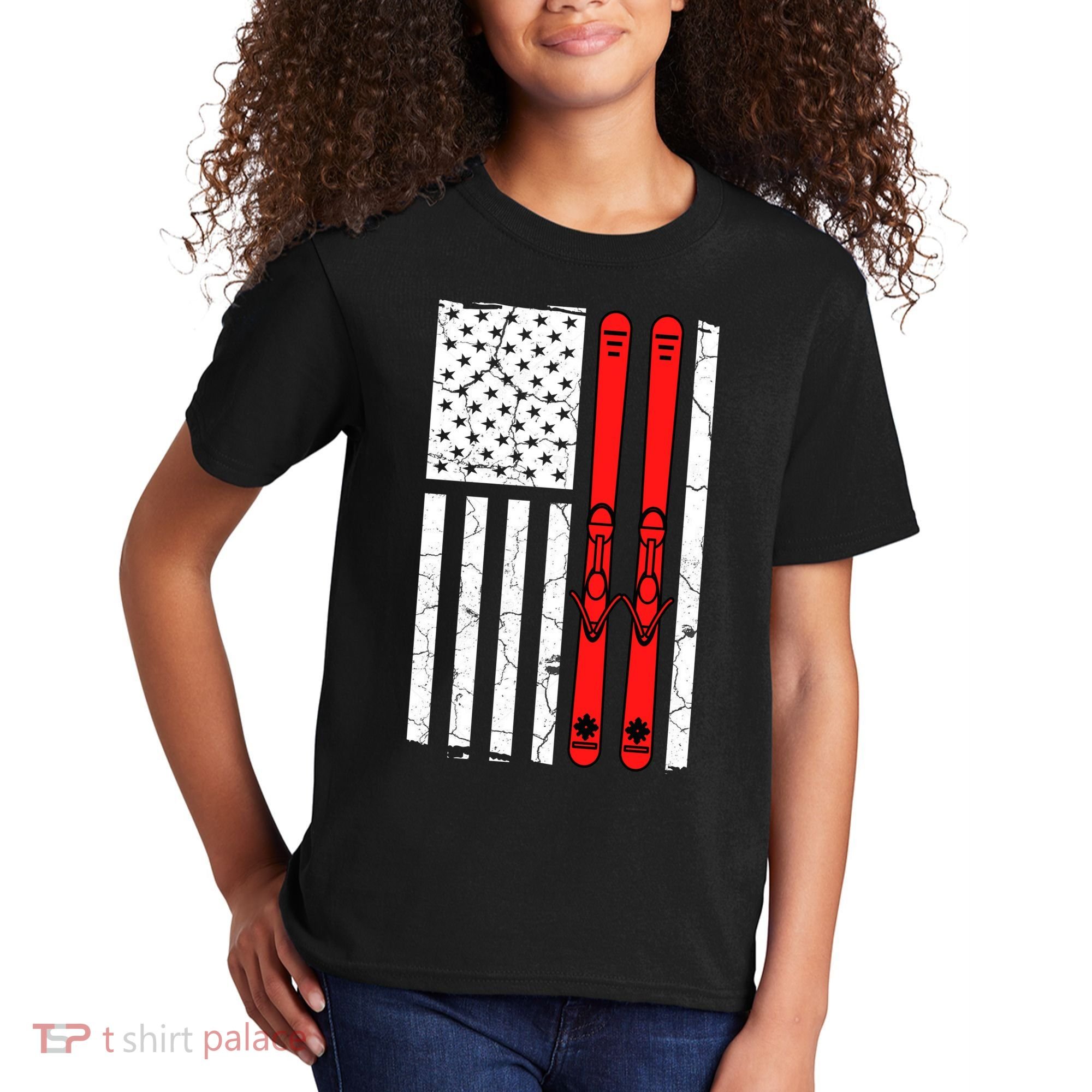 Ski Boarding American Flag Sport Hobby Kids T-Shirt