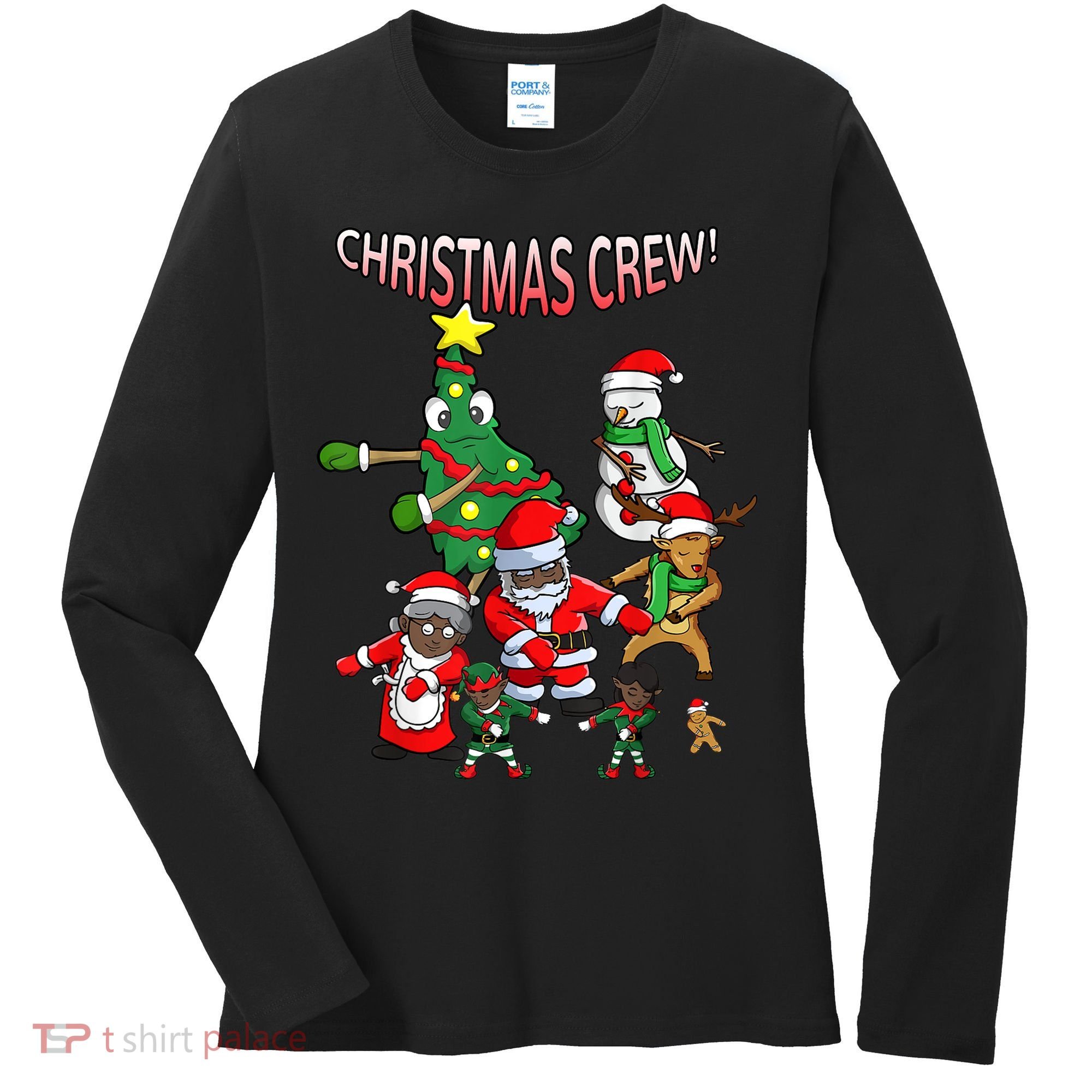 Santa Black African American Christmas Crew Flossing Floss TShirt Women's Long Sleeve Shirt