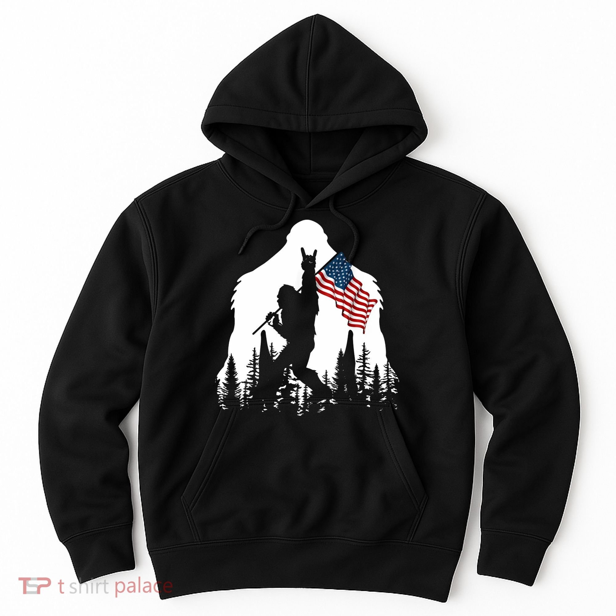 Sasquatch Believers Bigfoot Rock On Hold American Flag Hoodie