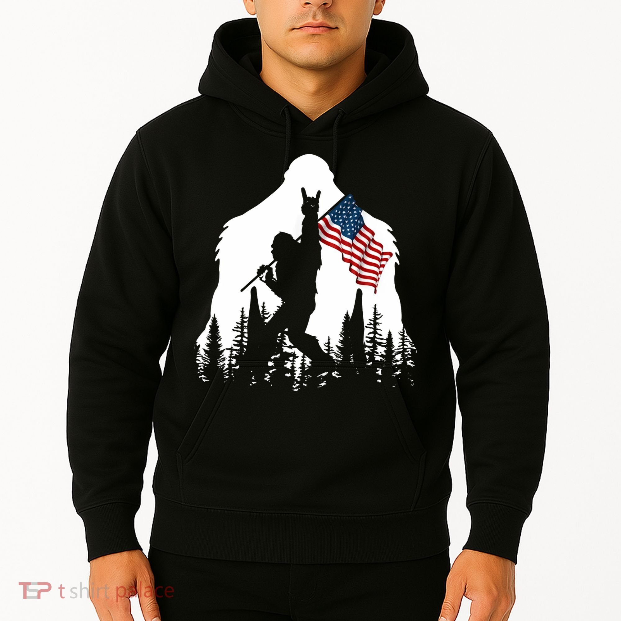 Sasquatch Believers Bigfoot Rock On Hold American Flag Hoodie