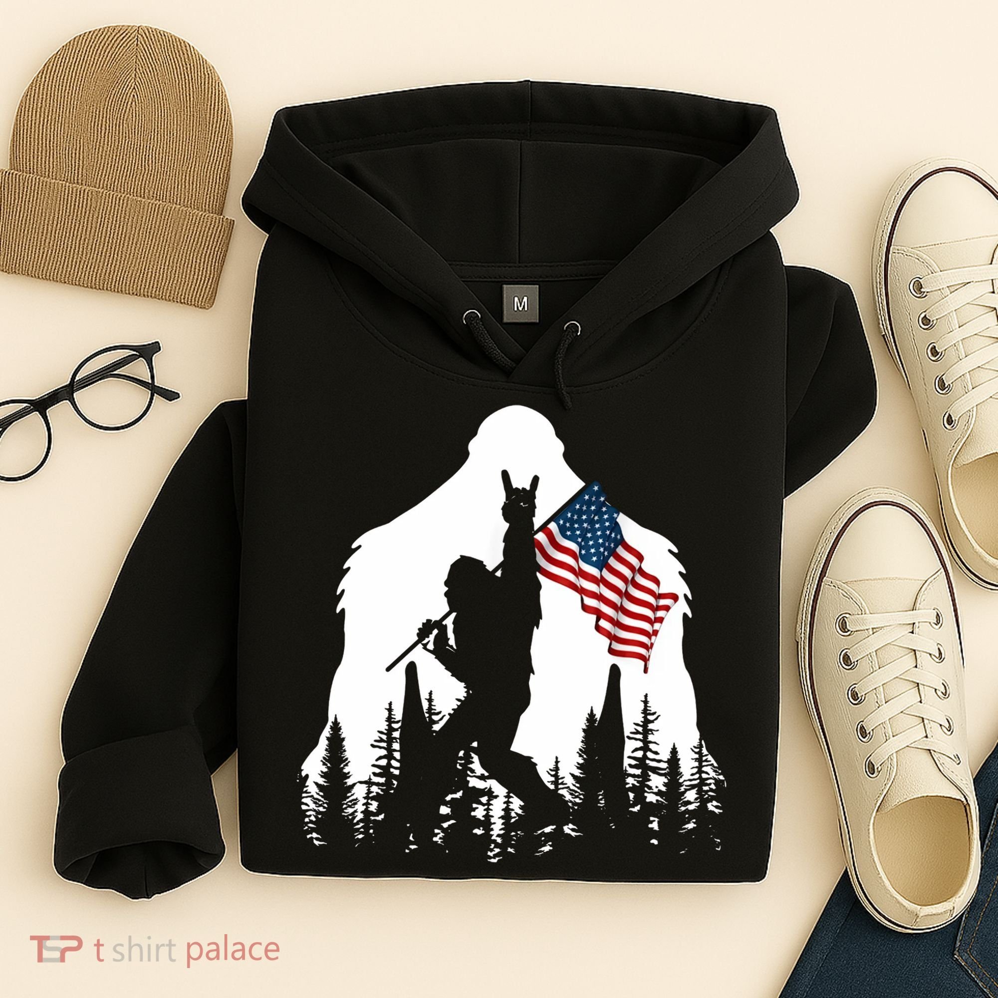 Sasquatch Believers Bigfoot Rock On Hold American Flag Hoodie