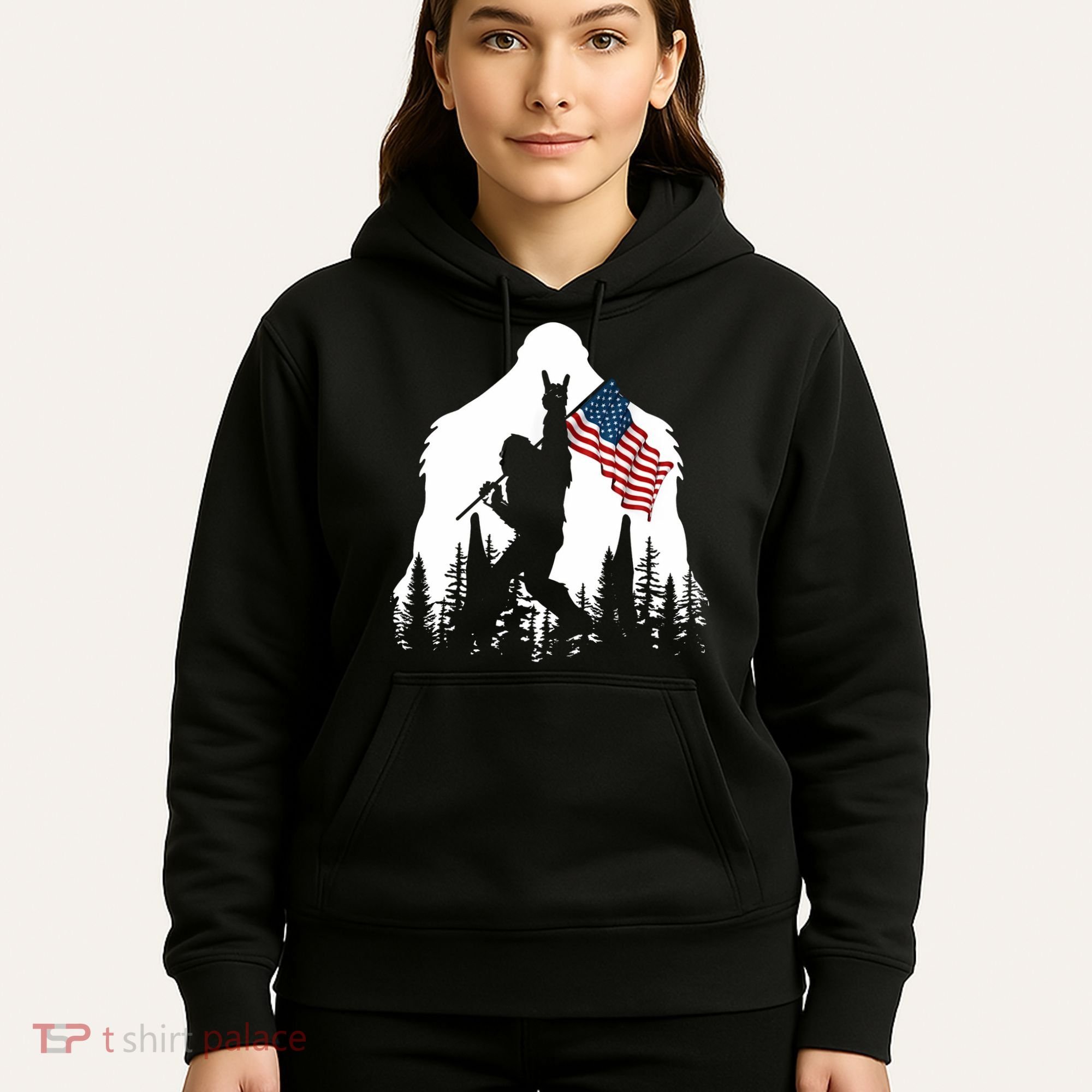 Sasquatch Believers Bigfoot Rock On Hold American Flag Hoodie