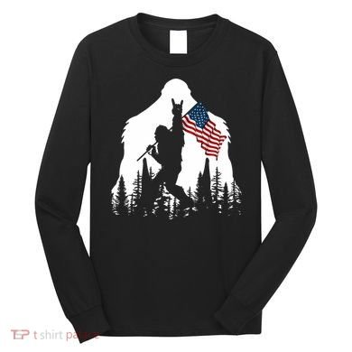 Sasquatch Believers Bigfoot Rock On Hold American Flag Long Sleeve Shirt