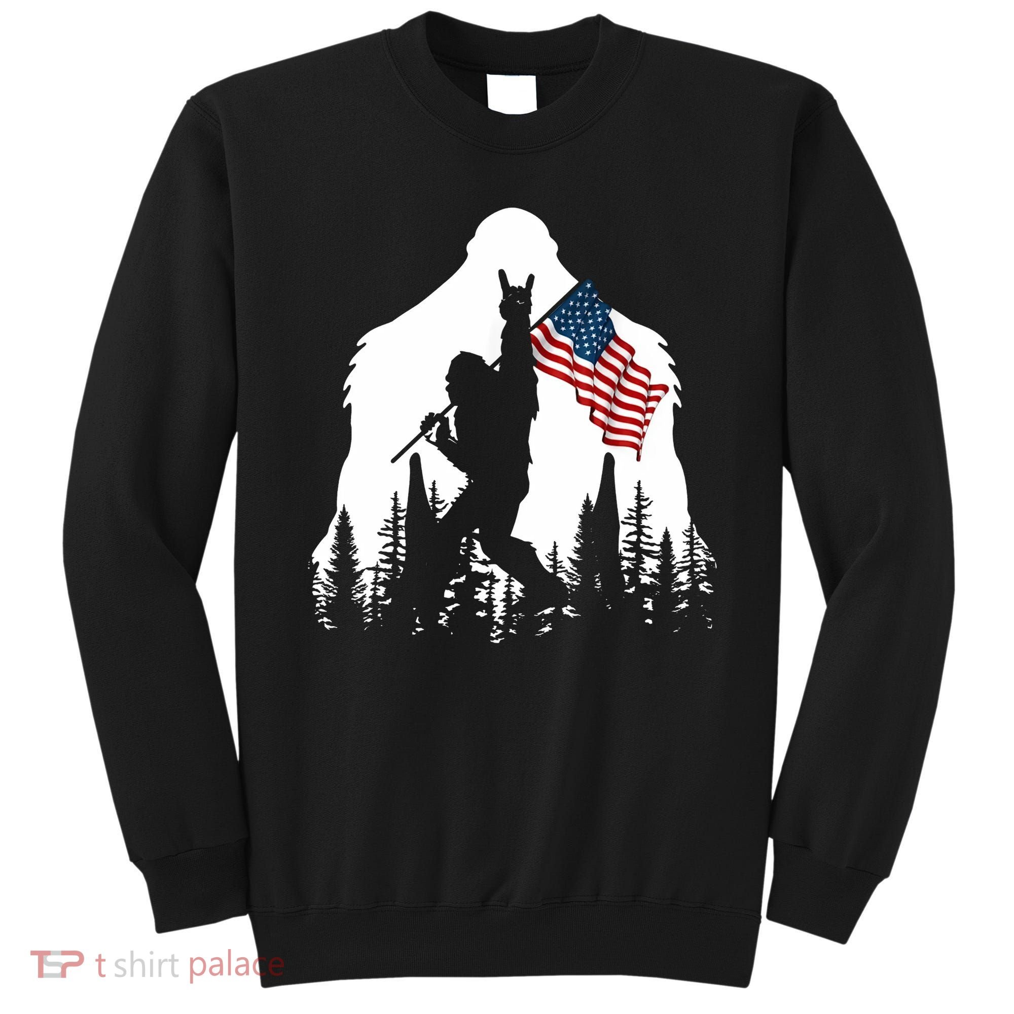 Sasquatch Believers Bigfoot Rock On Hold American Flag Sweatshirt