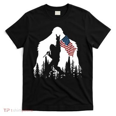 Sasquatch Believers Bigfoot Rock On Hold American Flag T-Shirt