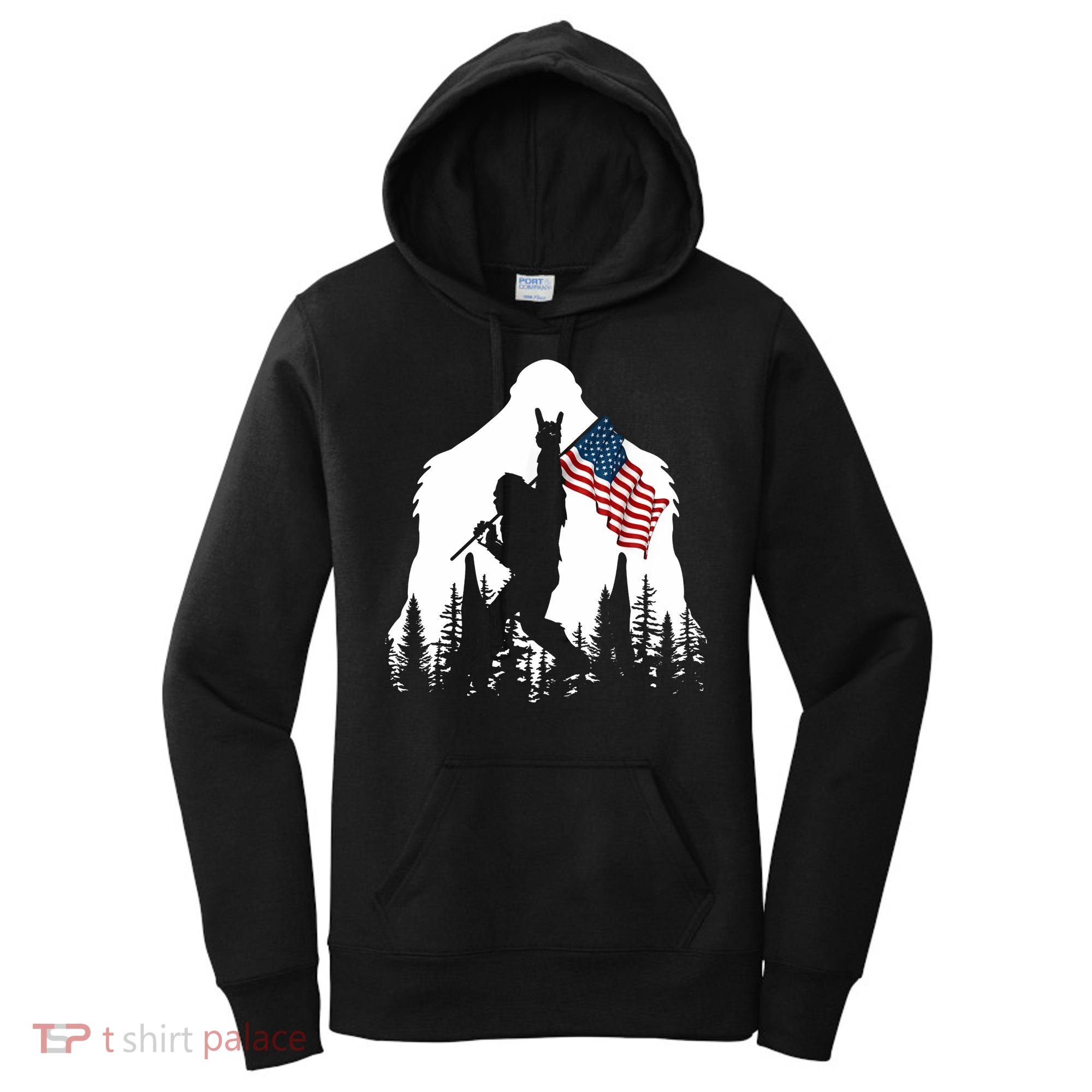 Sasquatch Believers Bigfoot Rock On Hold American Flag Women's Hoodie