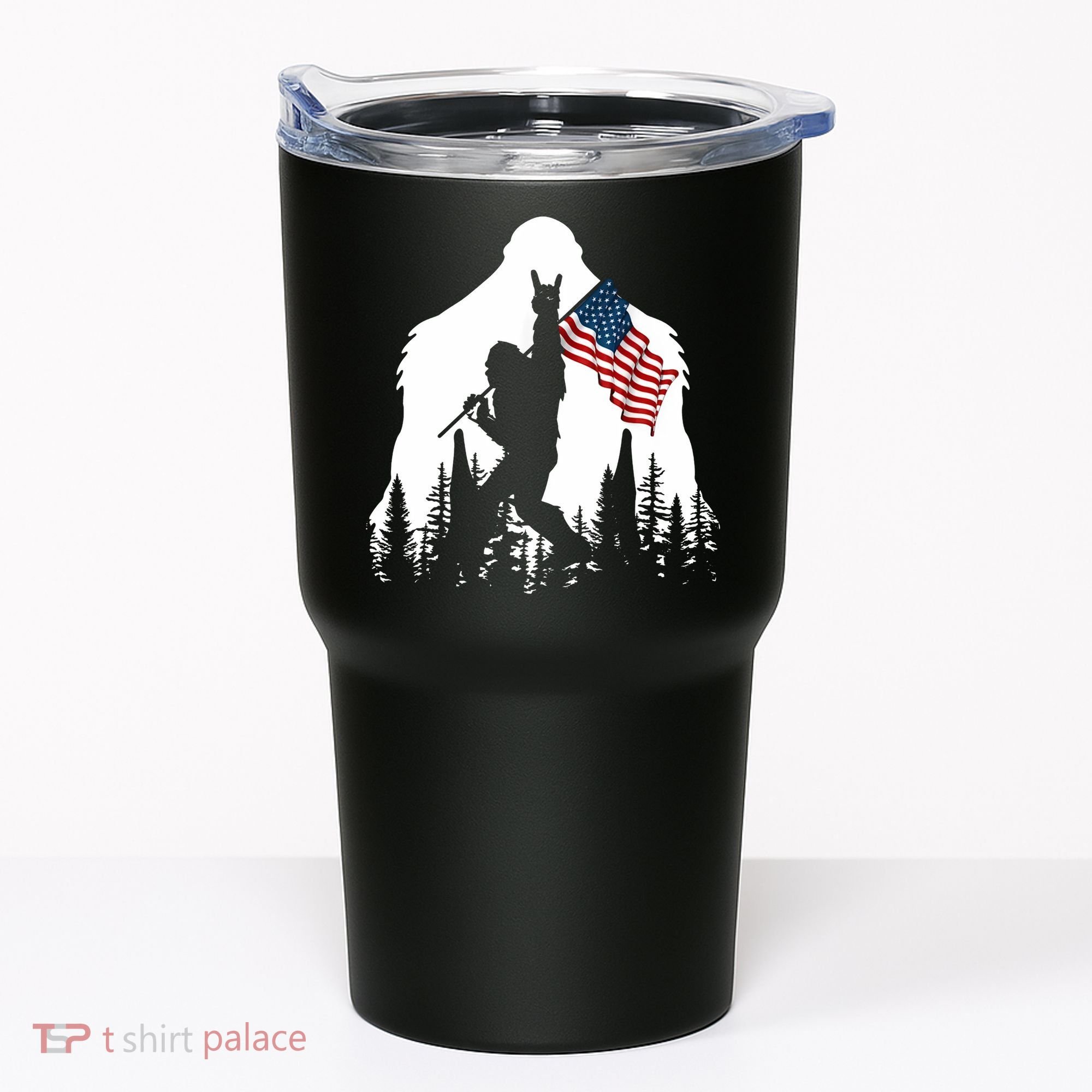 Sasquatch Believers Bigfoot Rock On Hold American Flag Tumbler