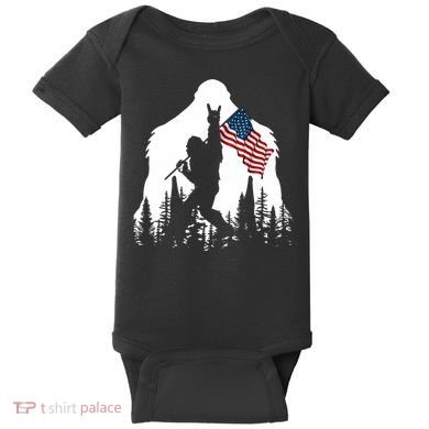 Sasquatch Believers Bigfoot Rock On Hold American Flag Baby Bodysuit
