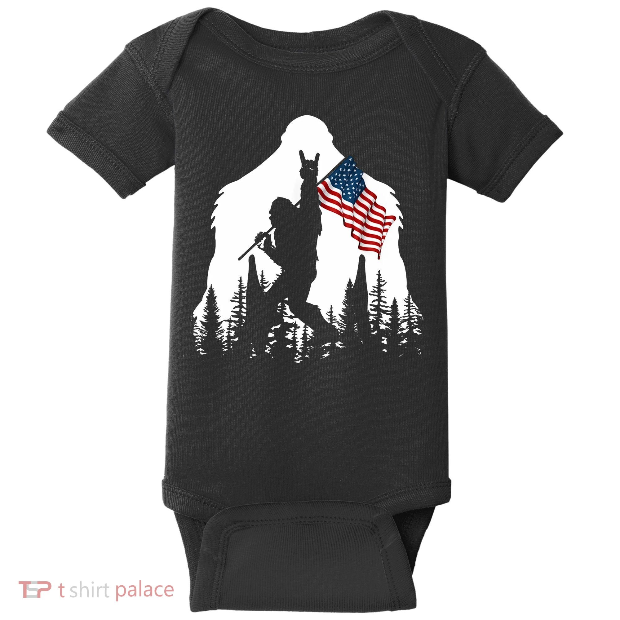 Sasquatch Believers Bigfoot Rock On Hold American Flag Baby Bodysuit
