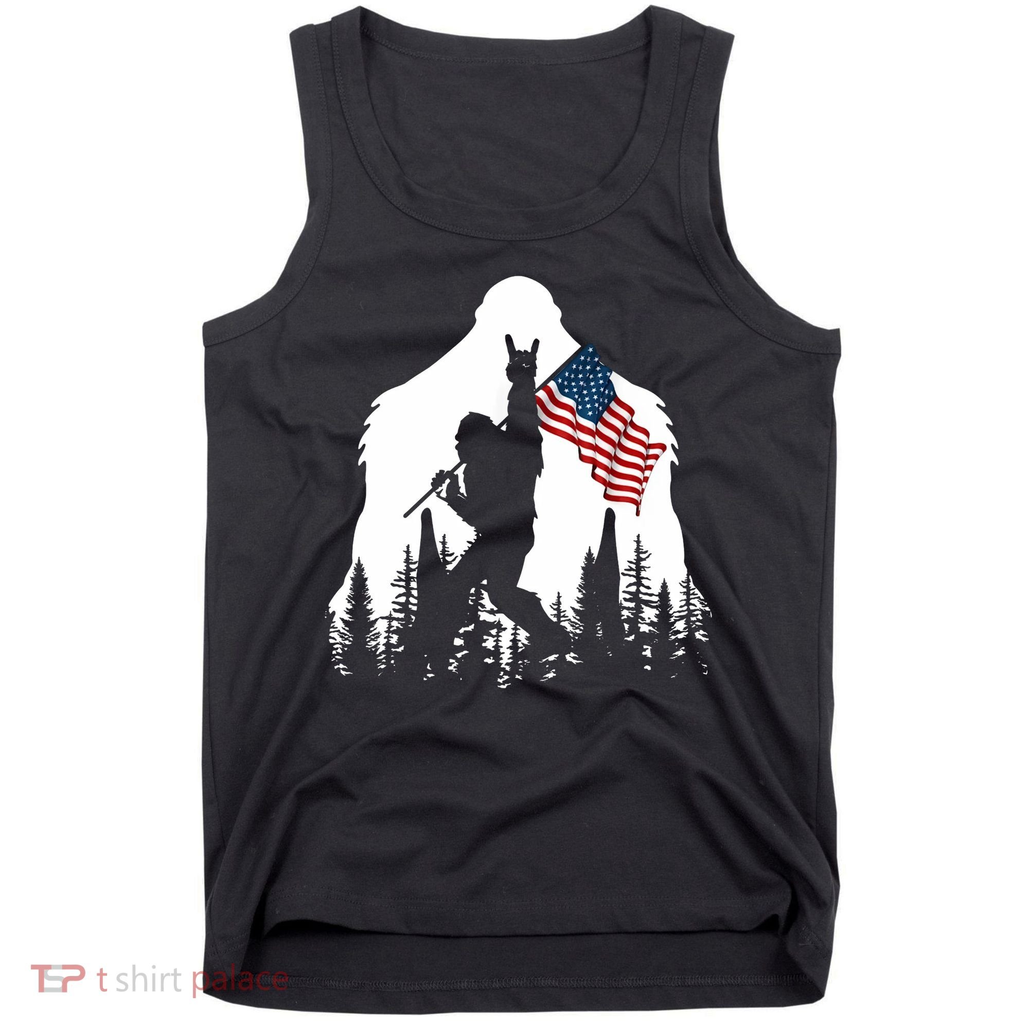 Sasquatch Believers Bigfoot Rock On Hold American Flag Tank Top