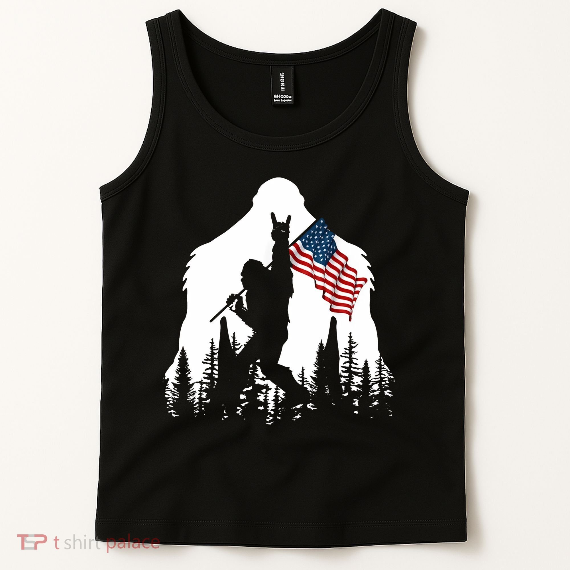 Sasquatch Believers Bigfoot Rock On Hold American Flag Tank Top