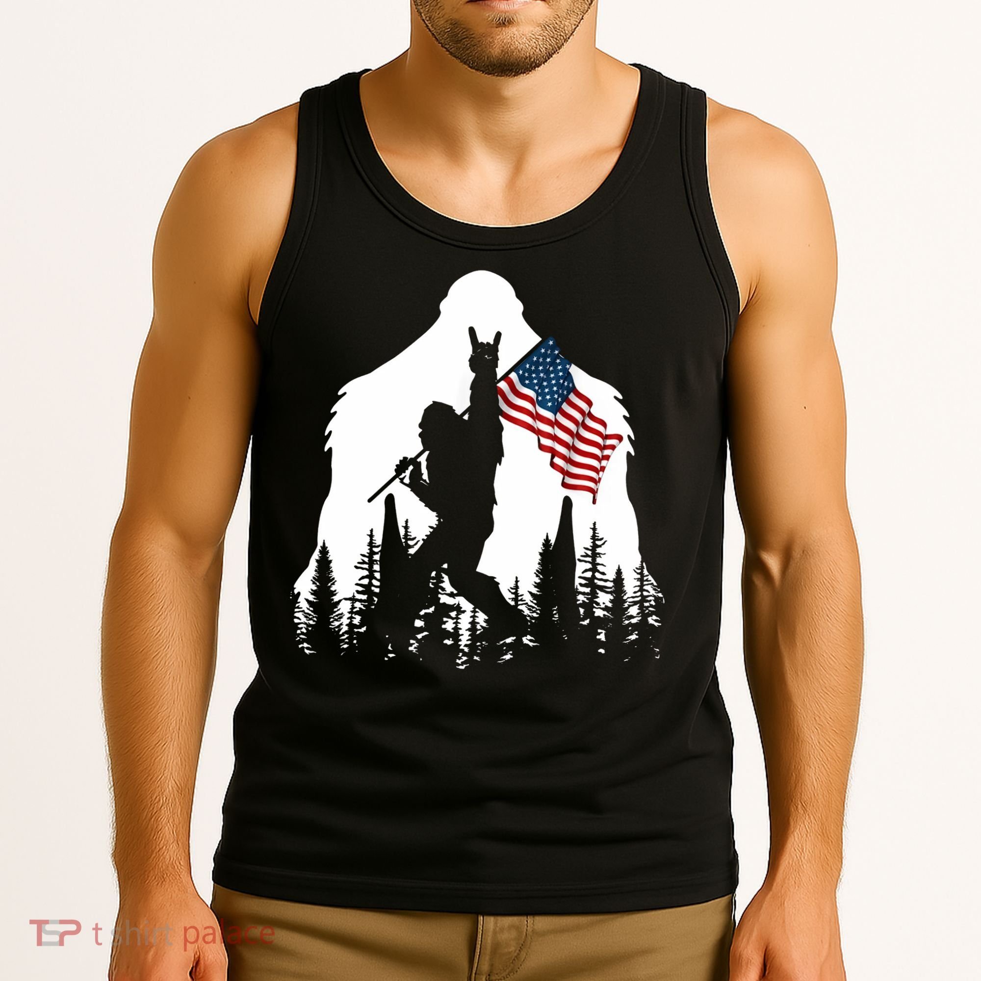 Sasquatch Believers Bigfoot Rock On Hold American Flag Tank Top