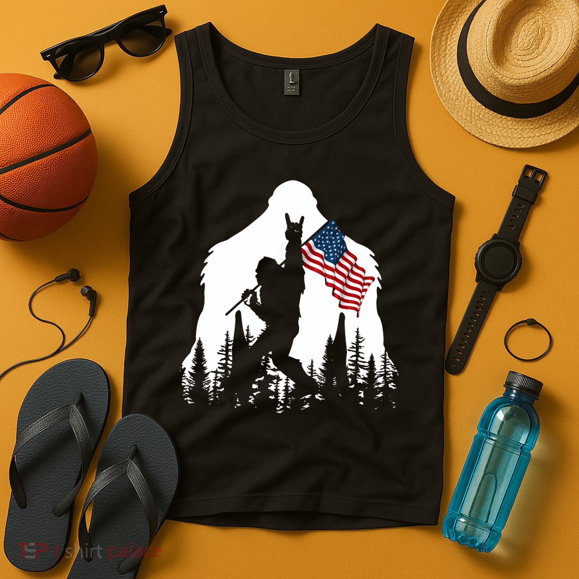 Sasquatch Believers Bigfoot Rock On Hold American Flag Tank Top