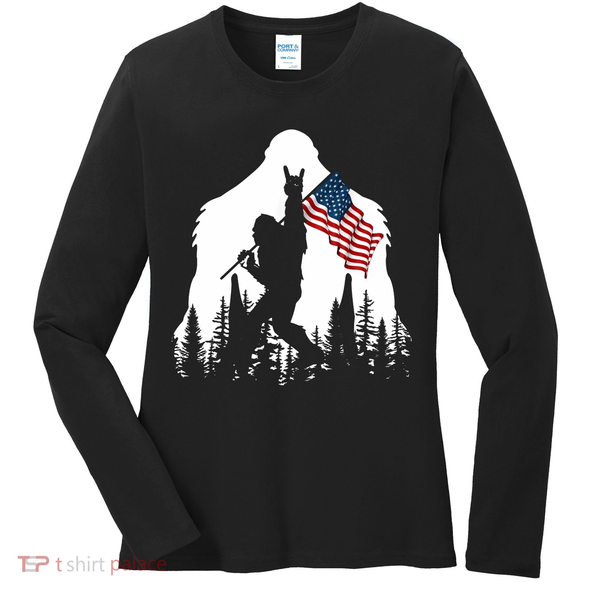 Sasquatch Believers Bigfoot Rock On Hold American Flag Women's Long Sleeve Shirt