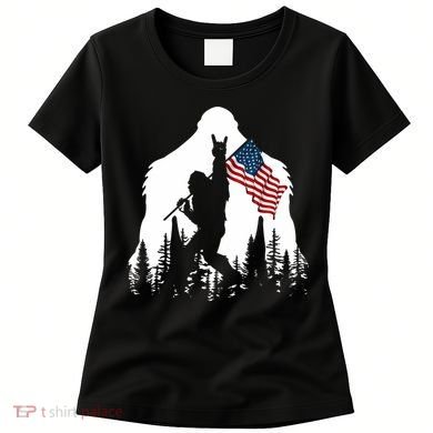 Sasquatch Believers Bigfoot Rock On Hold American Flag Women's T-Shirt