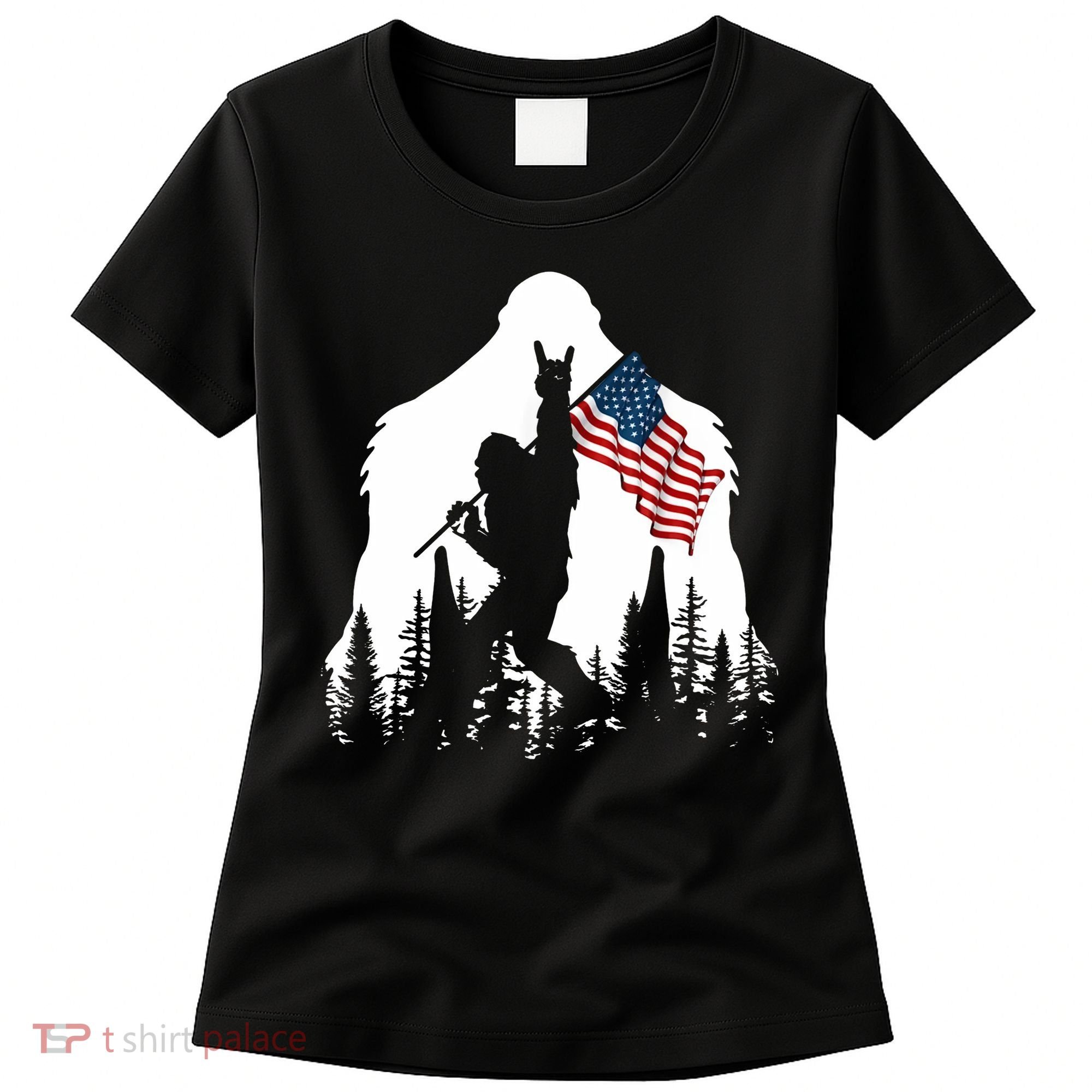Sasquatch Believers Bigfoot Rock On Hold American Flag Women's T-Shirt