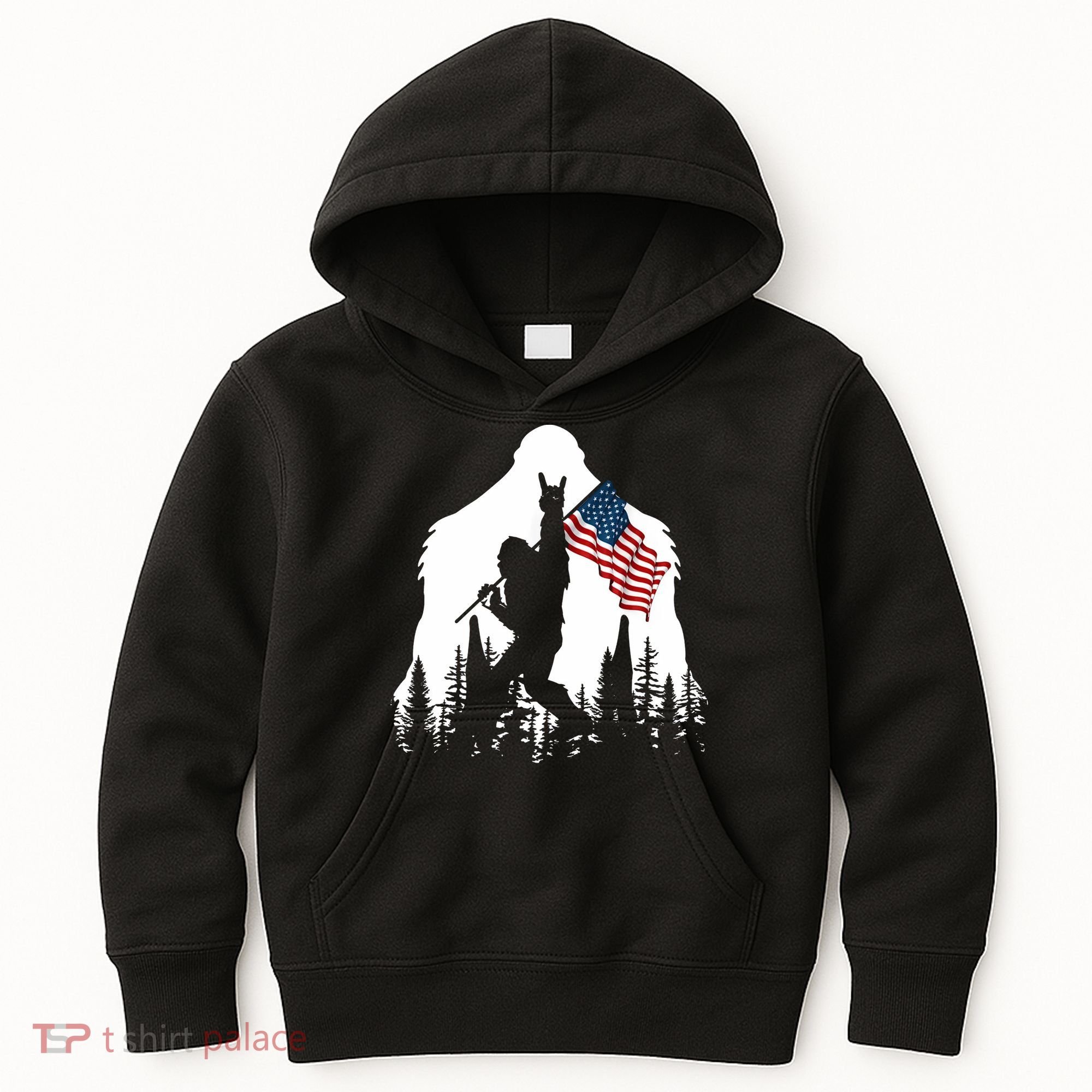 Sasquatch Believers Bigfoot Rock On Hold American Flag Kids Hoodie