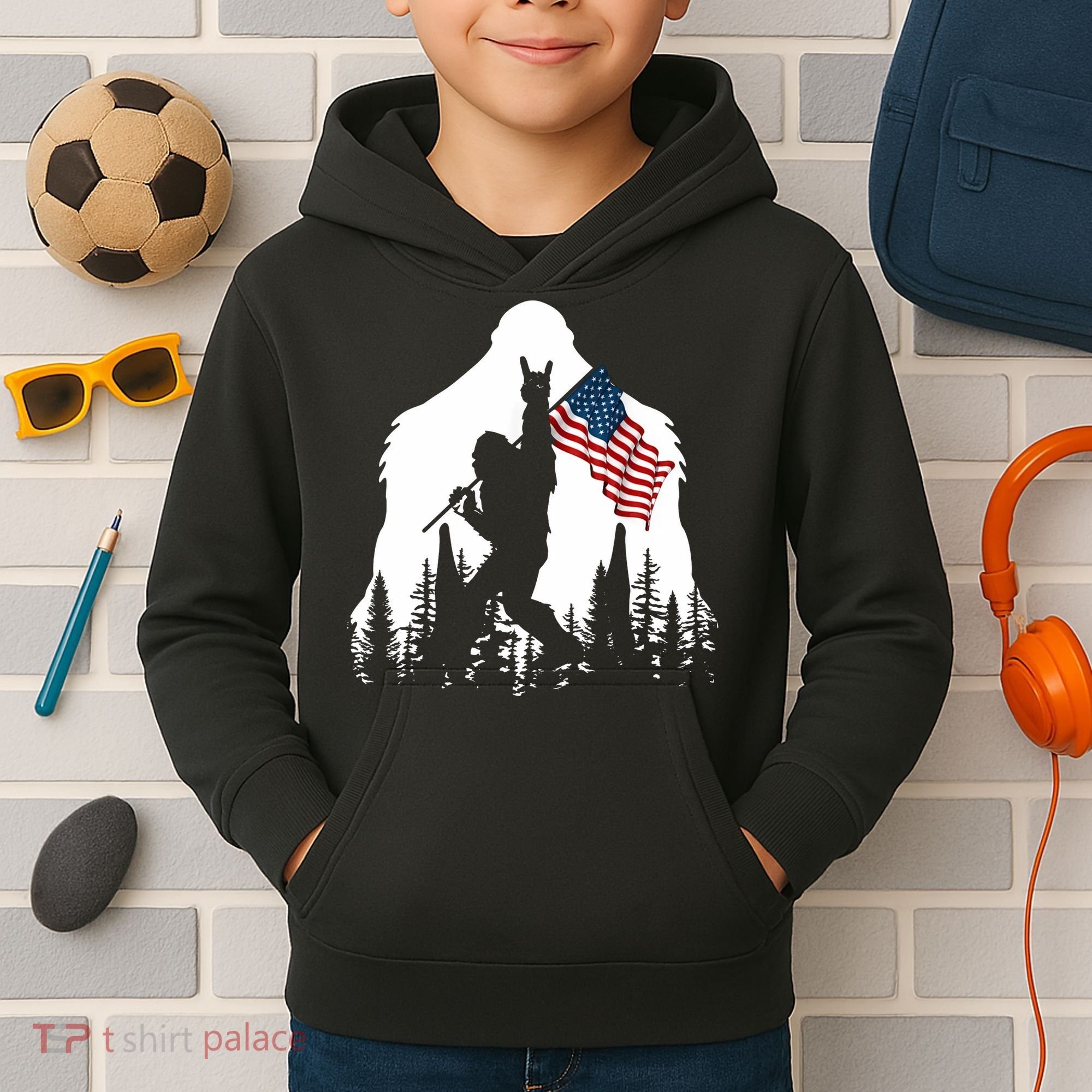 Sasquatch Believers Bigfoot Rock On Hold American Flag Kids Hoodie
